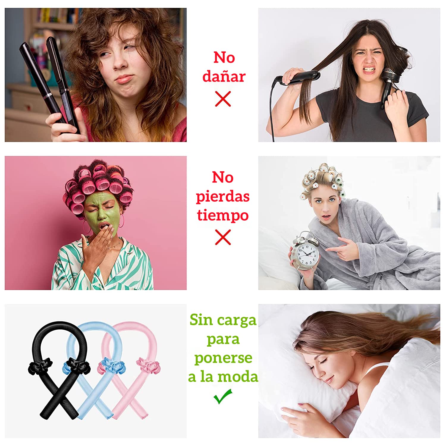 Rizos Sin Calor Cabello Largo, Rizador de Cabello Sin Calor con Pinzas para el Cabello y Coletero, Kit de Herramientas para Peinar el Cabello de Seda Suave, Sin Daños, Sin Calor (Azul)