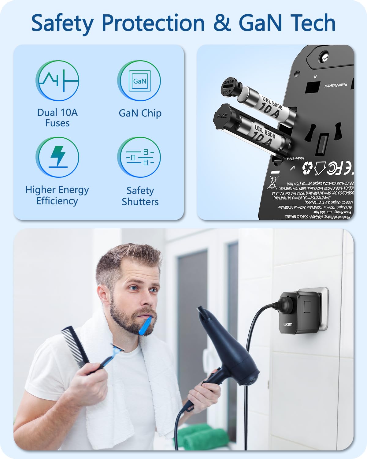 LENCENT Adaptador Universal de Viaje, GAN 70W Adaptador Internacional con 2 USB-A QC & 3 USB-C PD3.0, Cargador Internacional con Enchufe Tipo A/C/G/I para US/UE/UK/Australia/Argentina/Brasil, Negro