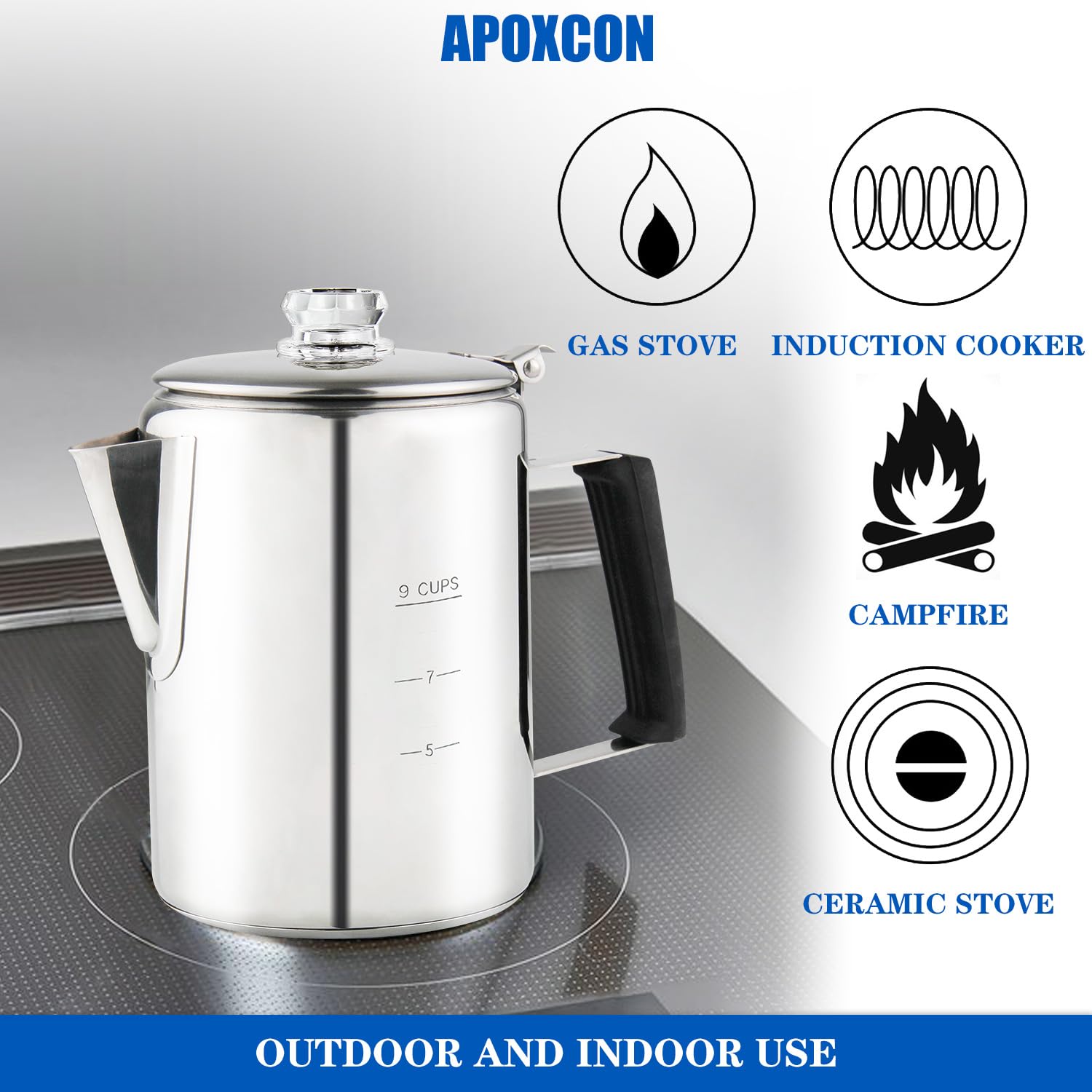 Cafetera APOXCON Plata de Acero Inoxidable con Pomos de Vidrio Borosilicato para Estufa y Camping, 9 Tazas