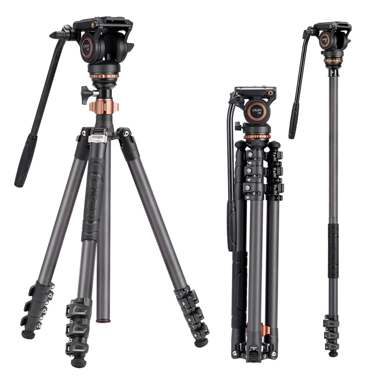 Cayer Trípodes de Cámara, Trípode de Video de Fibra de Carbono de 196 cm con Cabeza de Fluido, Trípode DSLR de Convertible a Monopié para Cámara DSLR, Capacidad de Carga de 6 kg - CF2451H6