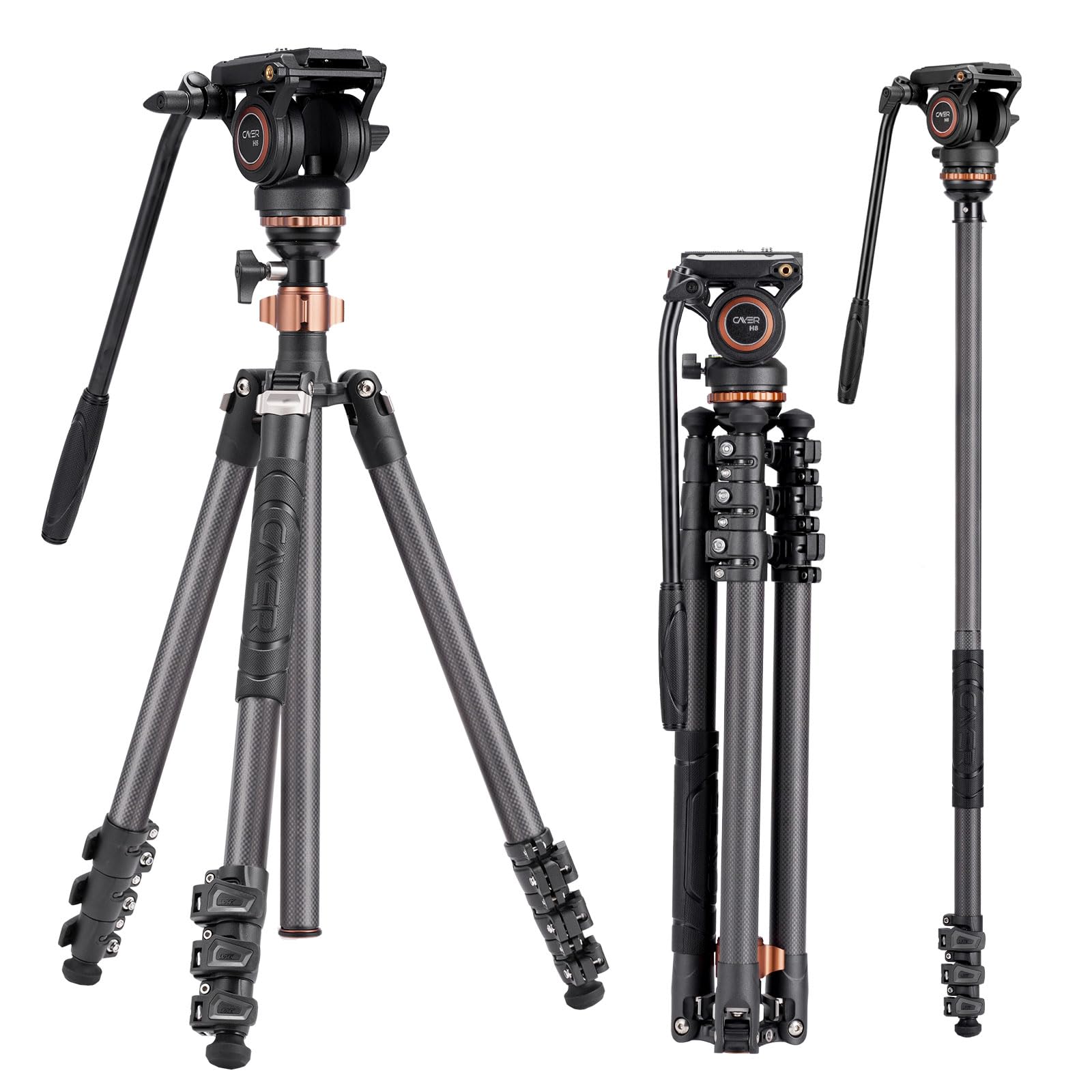 Cayer Trípodes de Cámara, Trípode de Video de Fibra de Carbono de 196 cm con Cabeza de Fluido, Trípode DSLR de Convertible a Monopié para Cámara DSLR, Capacidad de Carga de 6 kg - CF2451H6