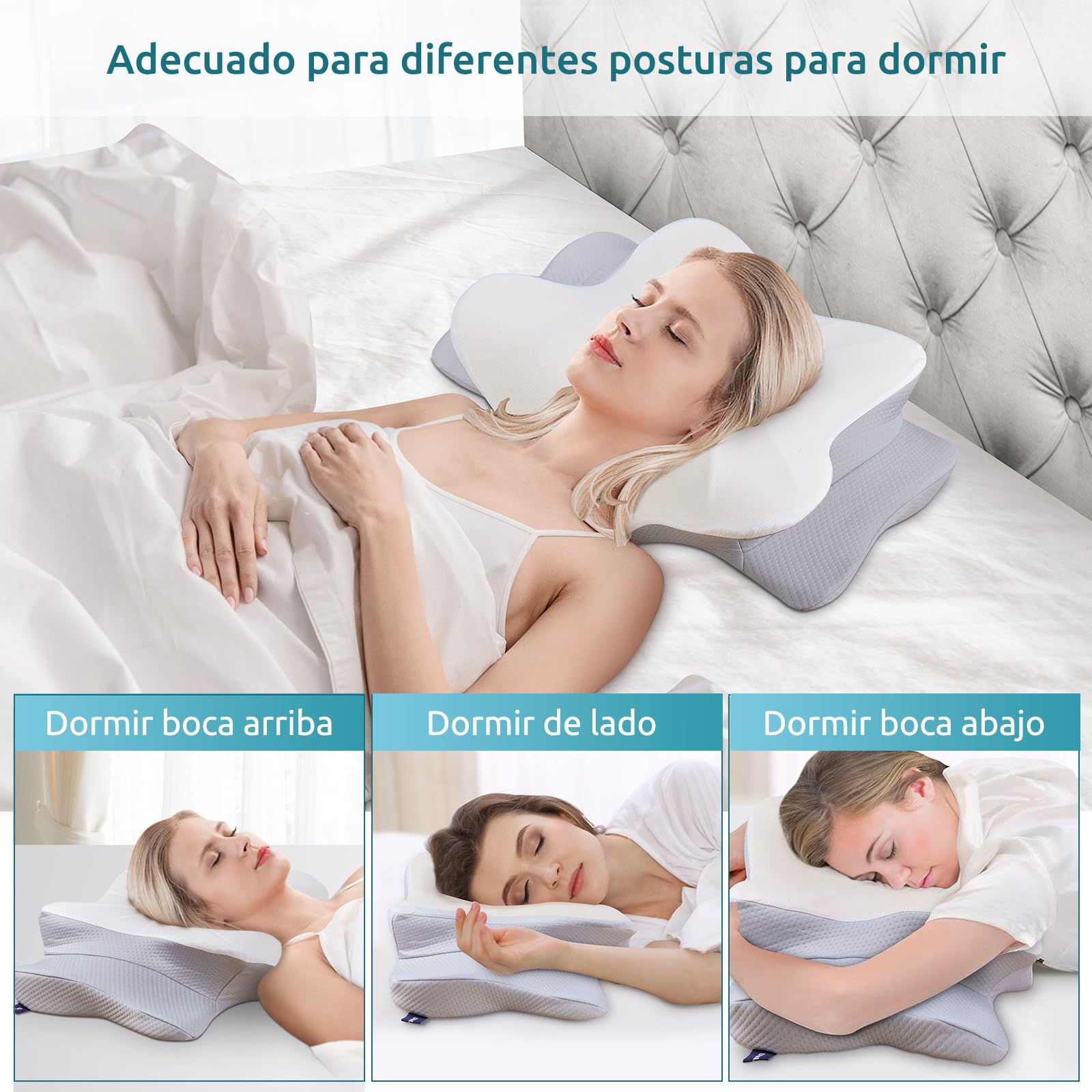 Almohada Cervical DONAMA Espuma Viscoelástica ergonómica ortopédica para Personas Que Duermen de Lado, Boca Abajo y Boca Arriba