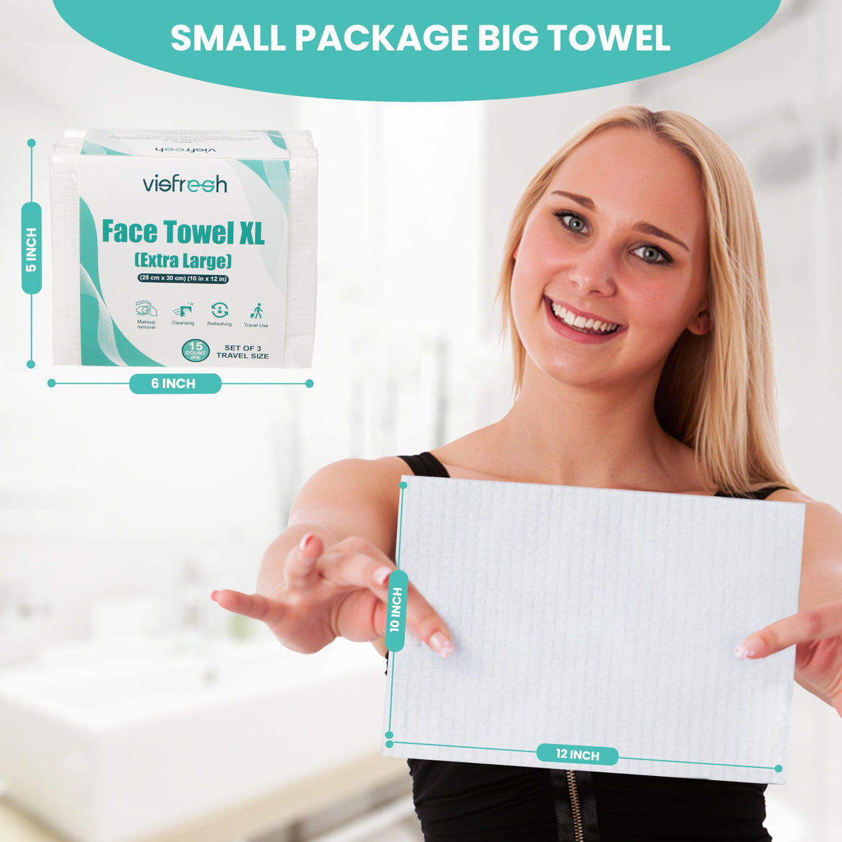 Visfresh Paquete de toallas faciales desechables de viaje - XL 25 x 30 cm. Toallitas faciales desechables, ultrasuaves y gruesas para piel sensible. Toallitas secas desmaquillantes. 15 toallas por paq