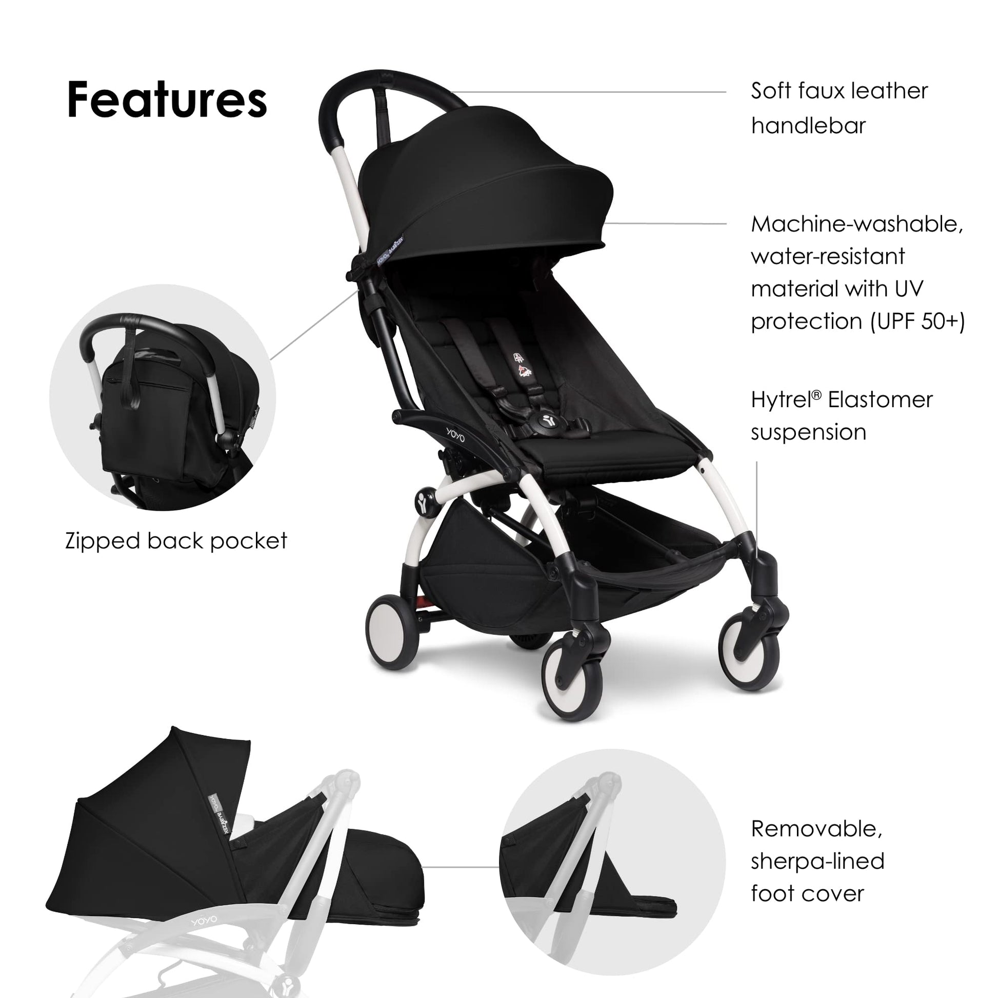 BABYZEN Cochecito Completo YOYO2 - Incluye Pack Recién Nacido 0+ (Negro), Chasis (Blanco) & Pack 6+ Color (Negro) - Para Niños Hasta 22 kg