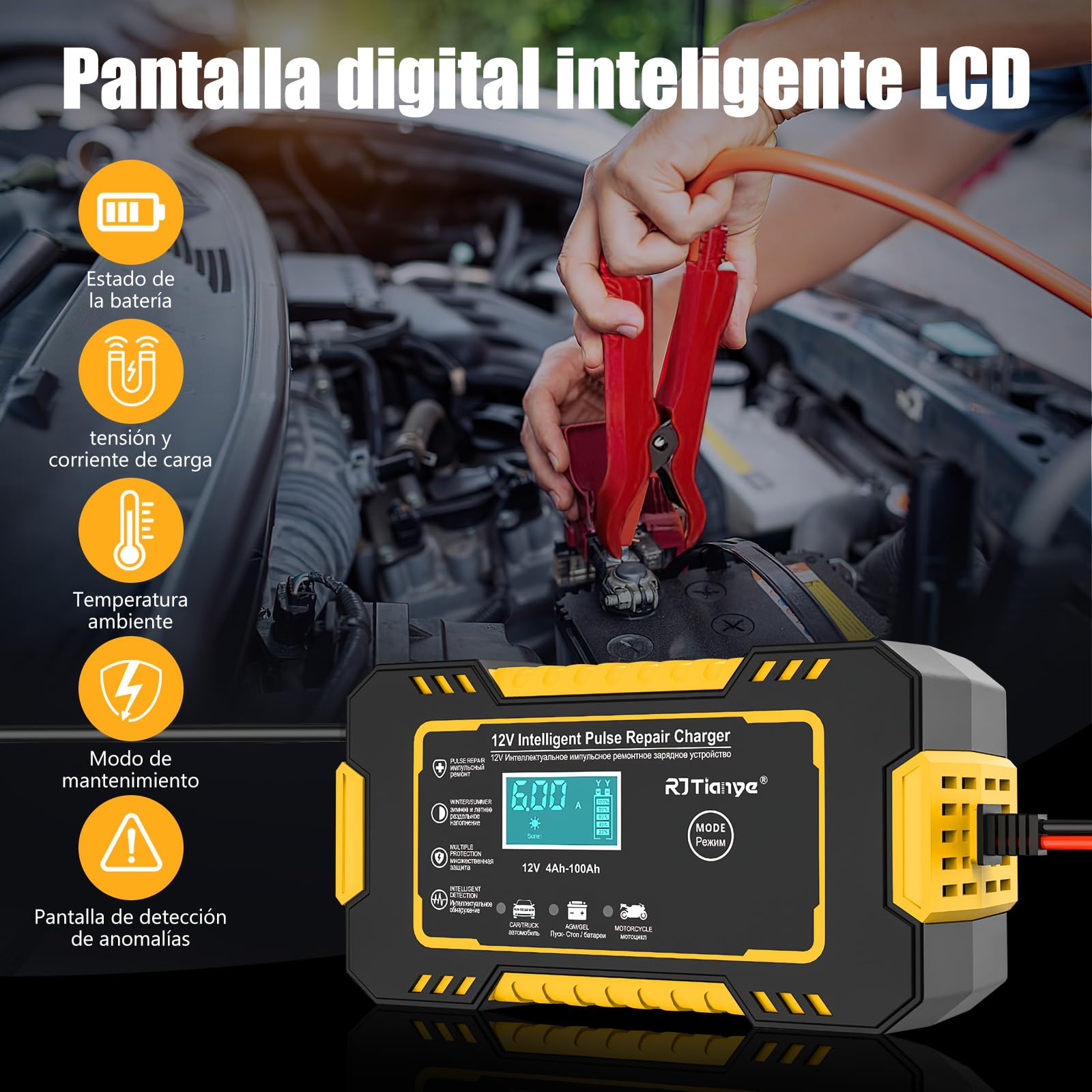 Cargador de Bateria 12V 6A, Cargador Bateria Coche con Visualización LCD y Abrazaderas, Arrancador de Bateria GEL, AGM, WET para Auto Inteligente Mantenimiento de Batería, Para Coche, Moto, Camiones