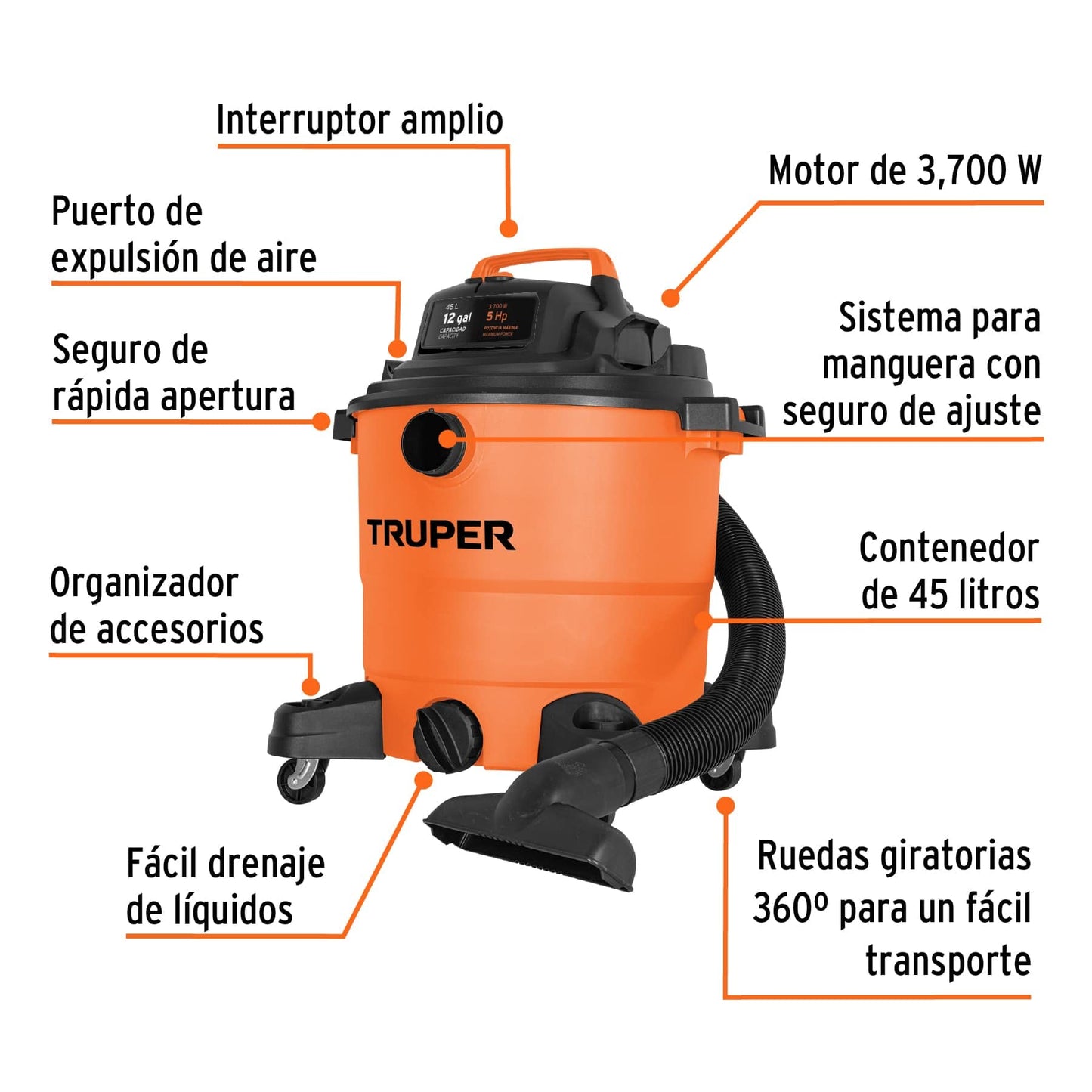 Aspiradora Truper plástica 12 GAL sólidos y líquidos