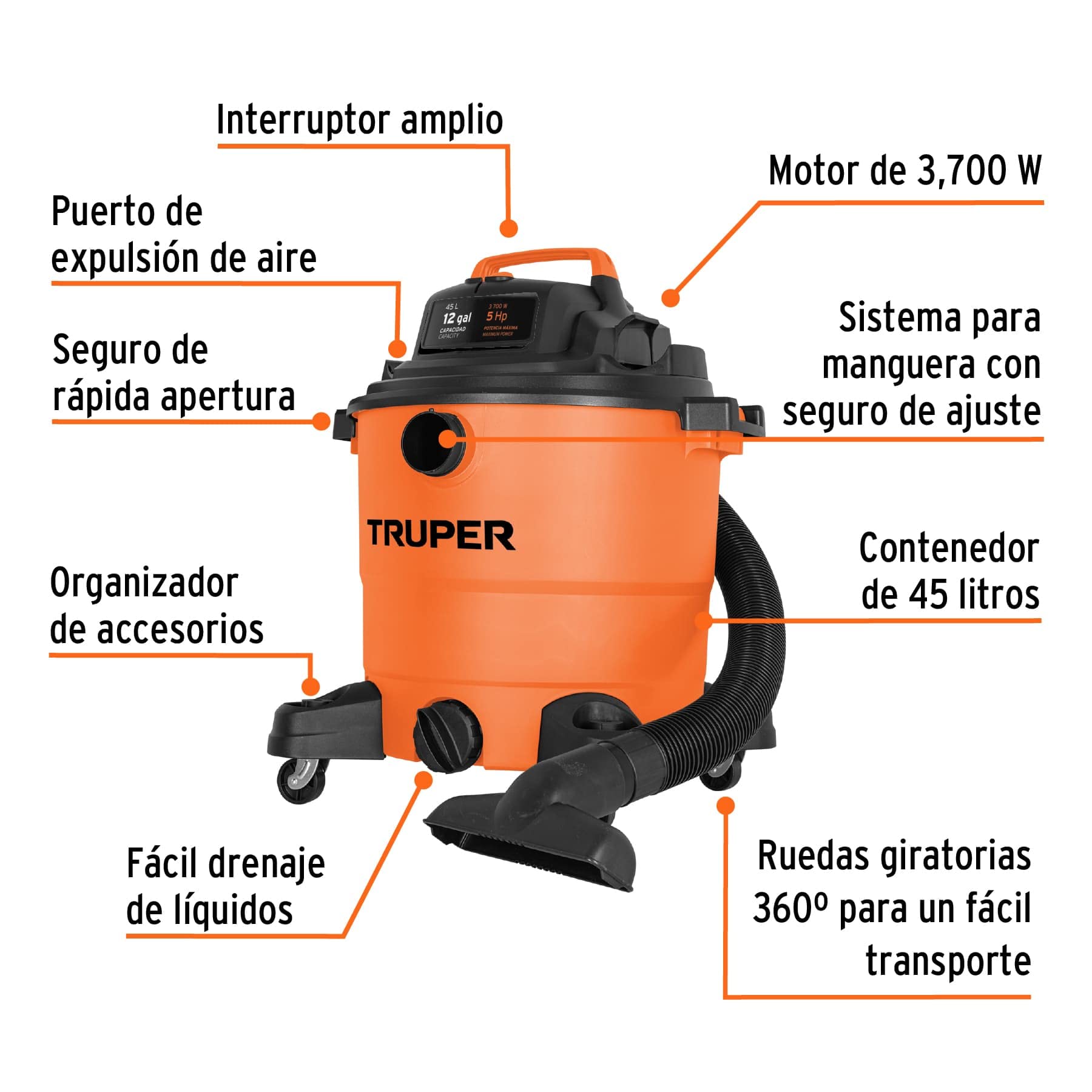 Aspiradora Truper plástica 12 GAL sólidos y líquidos