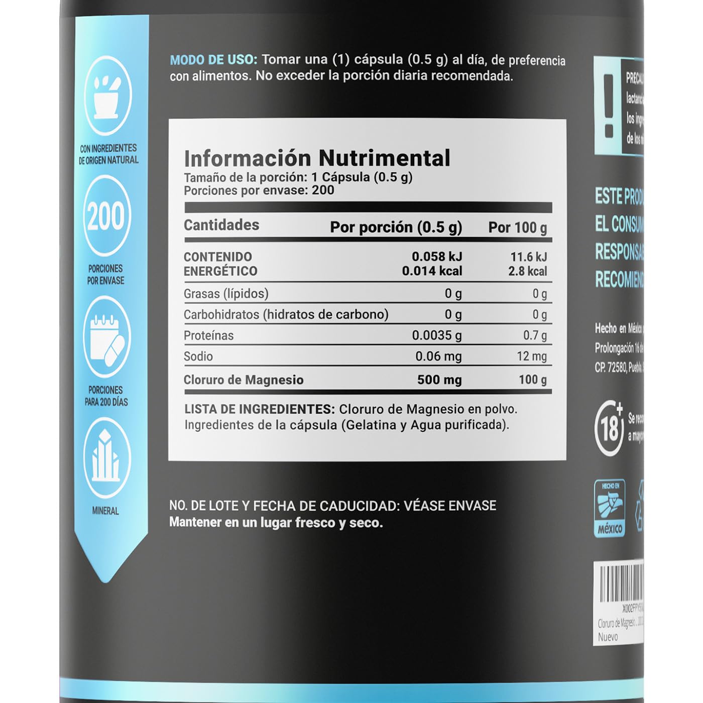 Cloruro de Magnesio 500 mg. 200 Cápsulas Ingredientes naturales. Chloride Mag B Life.
