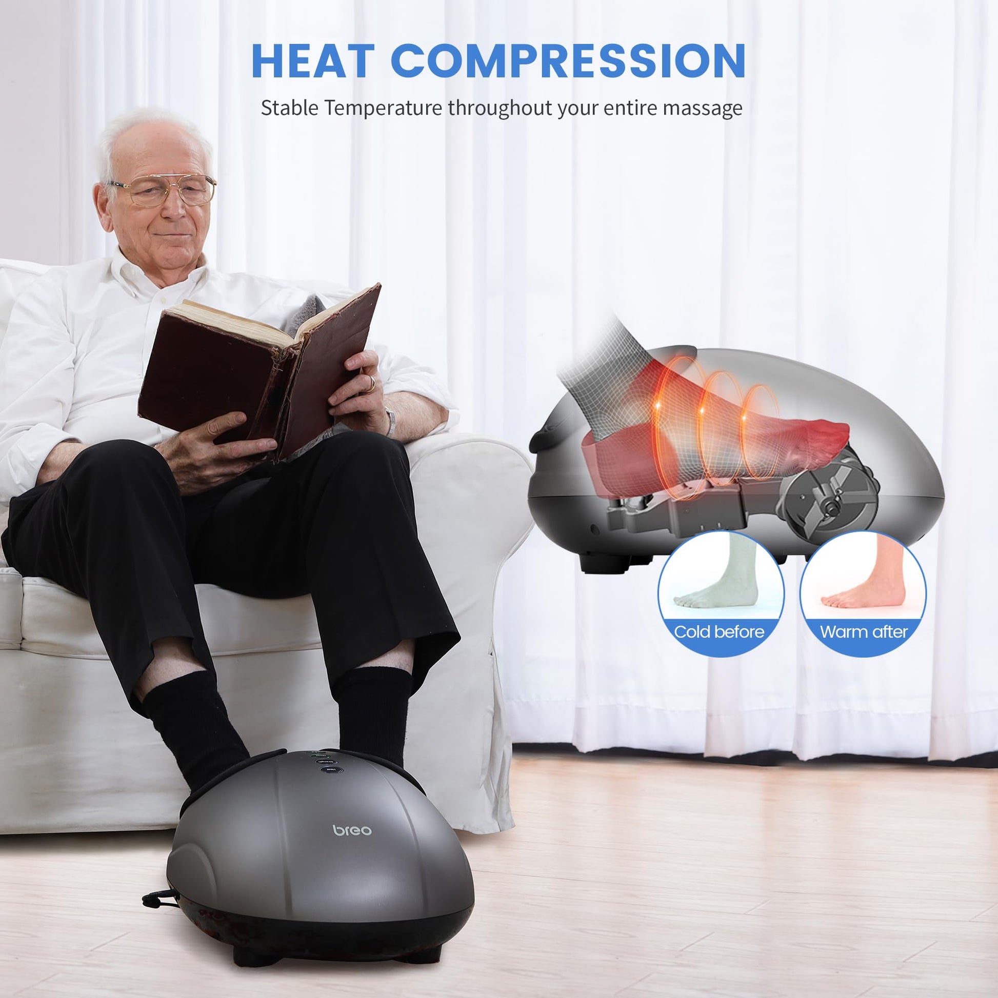 Breo Máquina masajeadora de pies con calor, Shiatsu de tejido profundo, masaje rodante para alivio, se adapta a pies hasta hombres talla 12