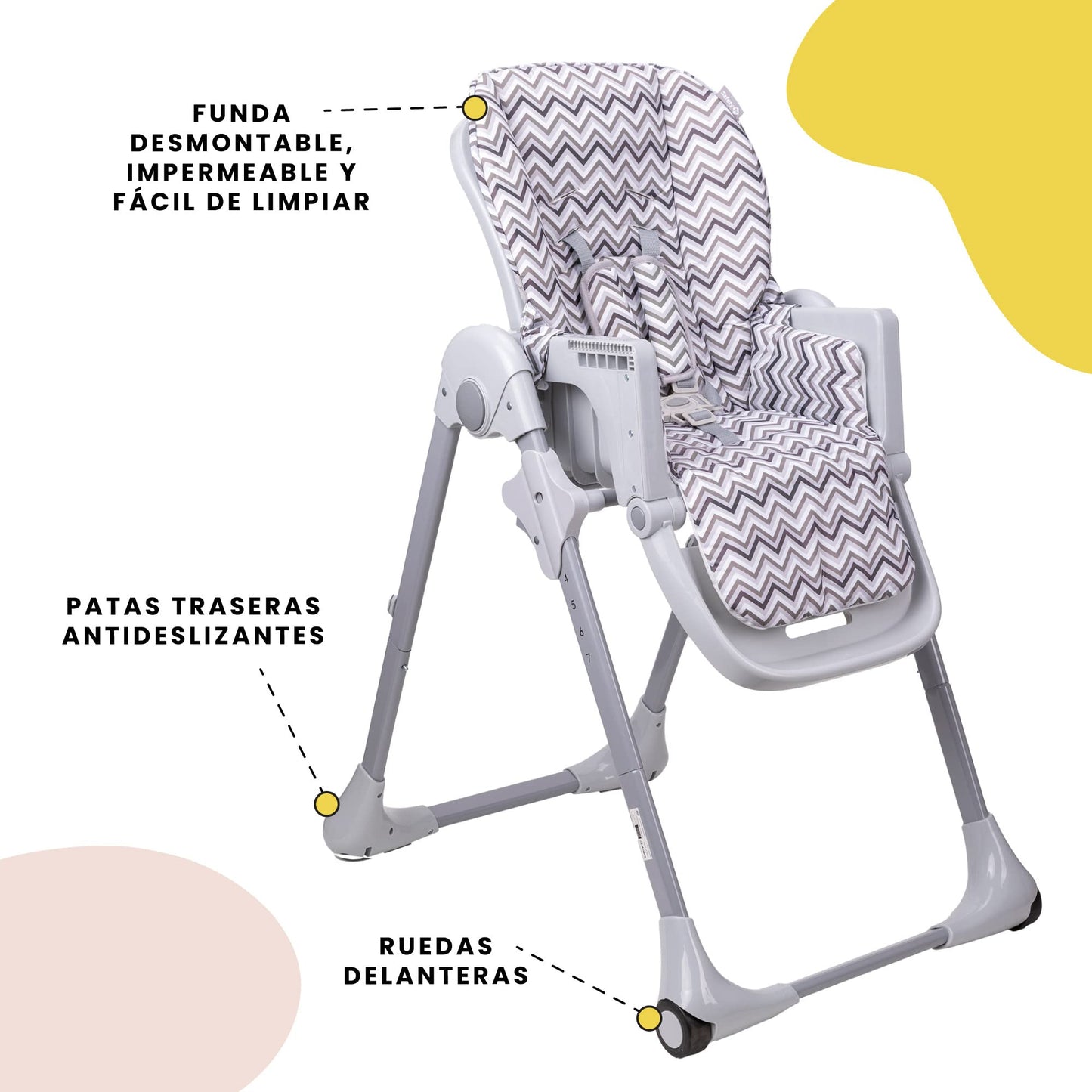 Safety 1st Silla Alta Periquera Tavola, Zig Zag, 7 posiciones de altura, 3 de reclinación, reposapiés ajustable, doble charola, plegado compacto.