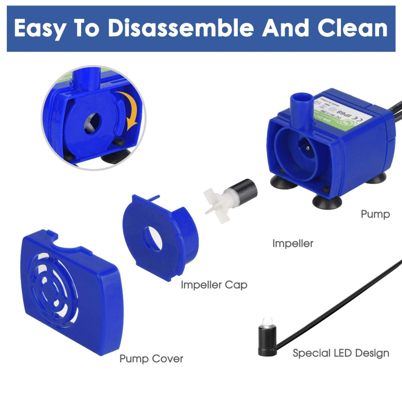 Jeanoko Bomba De Fuente De Agua Para Mascotas, Bomba de fuente de agua para gatos Bomba de agua sumergible para fuente para mascotas con bomba de cable de alimentación LED USB de 5.9 pies Fuente
