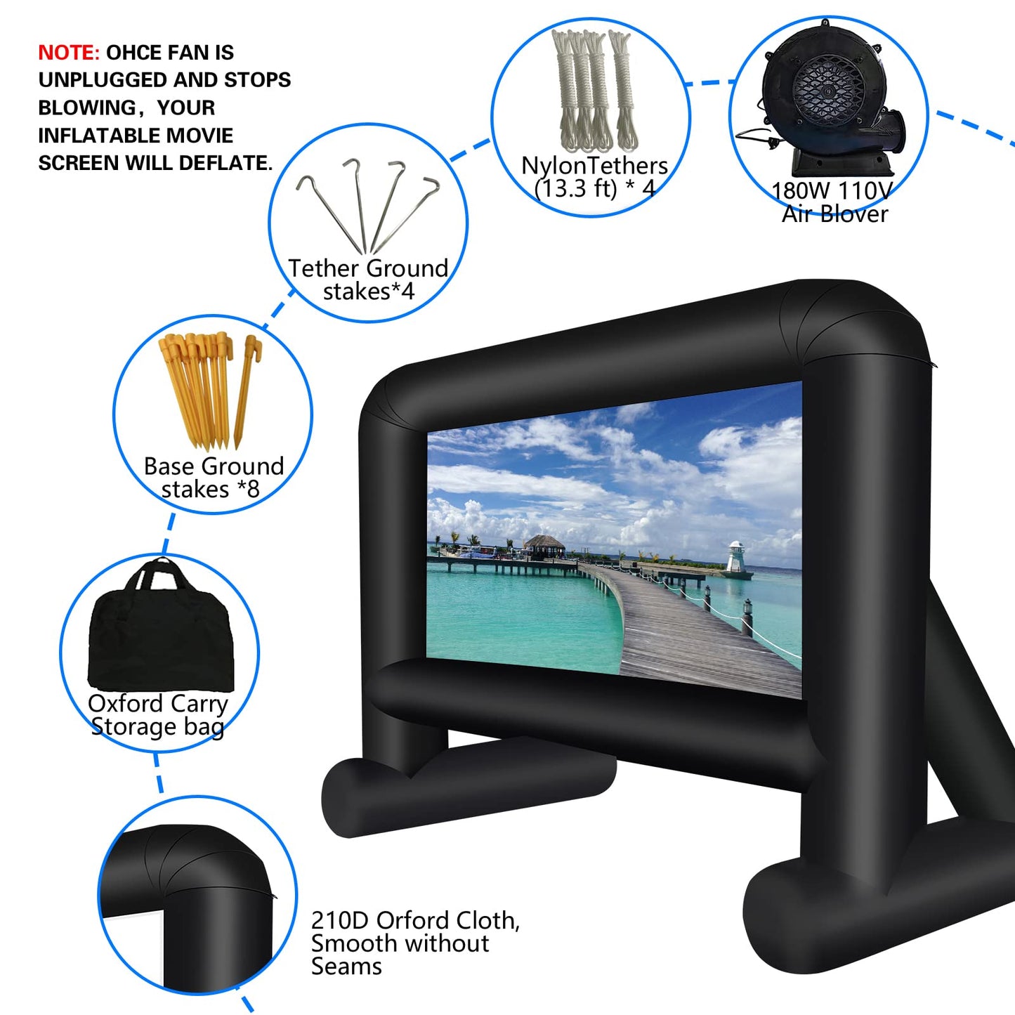 GZKYYLEGS Pantalla de película Inflable de 16 pies al Aire Libre, Pantalla de proyección con soplador de Aire, Amarre y Bolsa de Almacenamiento – Mega Pantalla para Noche de Cine en el Patio