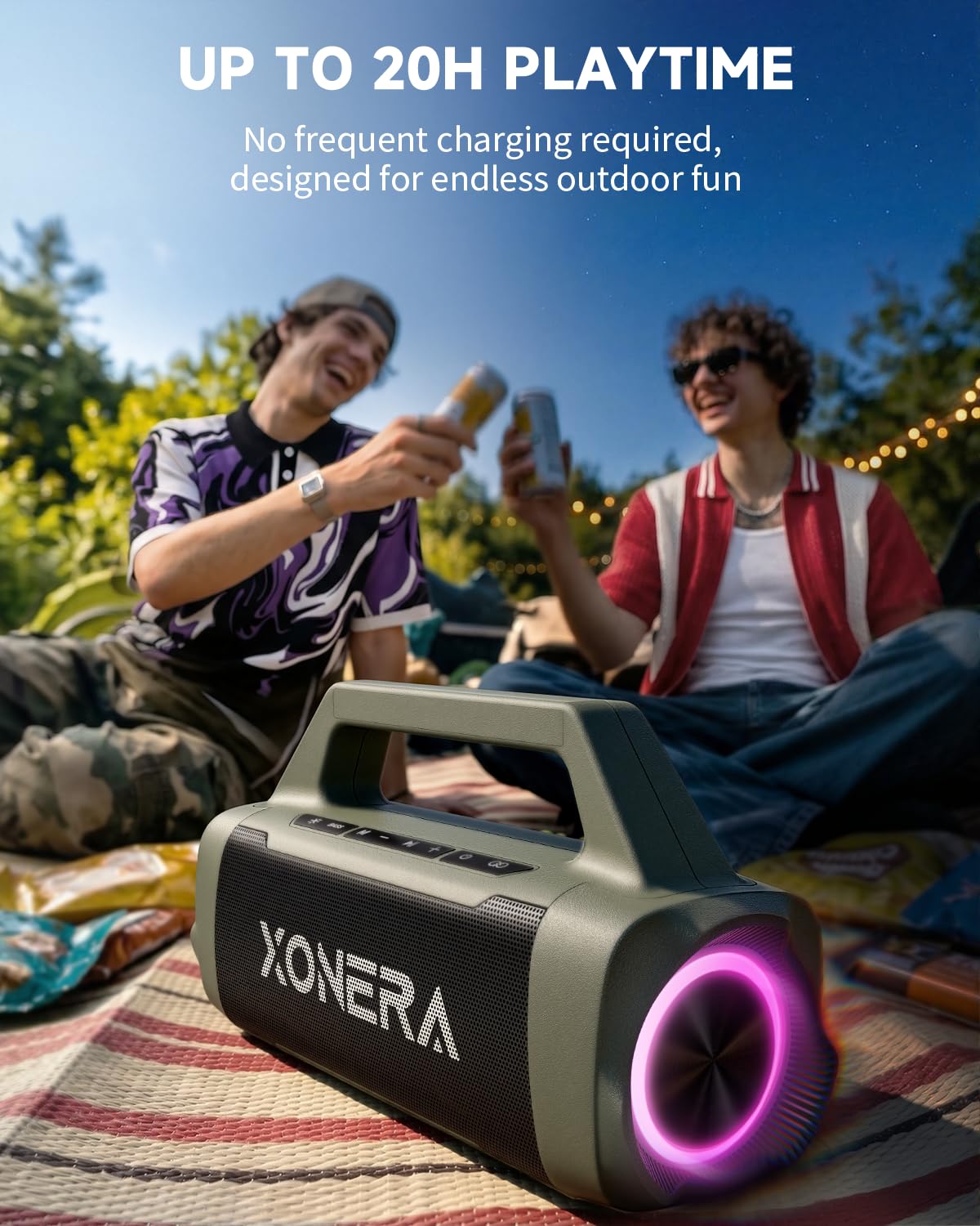 Xonera - Altavoces Bluetooth inalámbricos, altavoz de 80 W pico alto para exteriores con graves, tiempo de reproducción de 20 horas, IPX6 impermeable, TWS, BT5.3, portátil para camping, senderismo