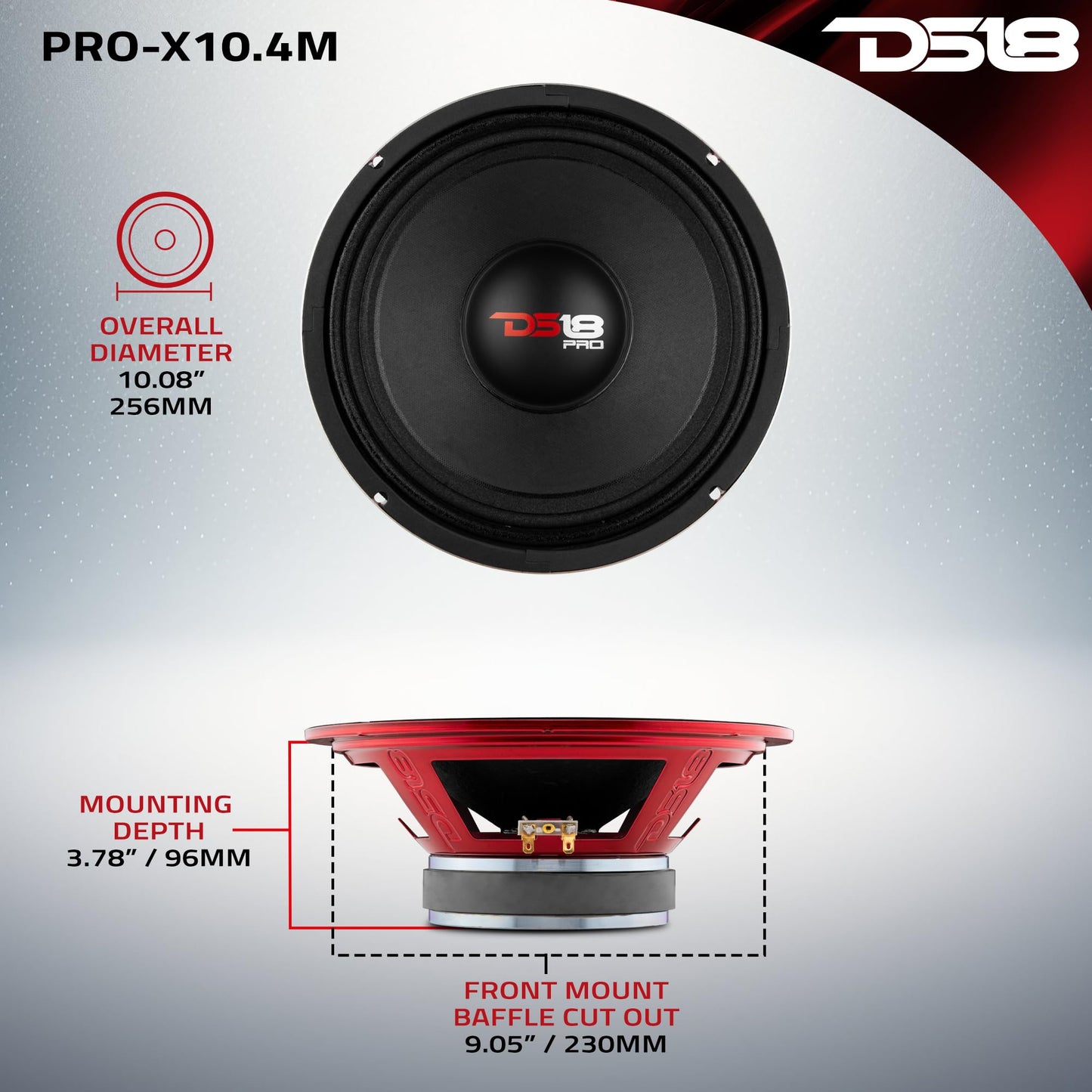 DS18 PRO-X10.4M - Altavoces de Puerta de Audio de Alta Calidad para Coche o camión (10 Pulgadas, Rango Medio, Cesta de Acero Rojo, 600 W máximo, 300 W RMS, 4 Ohmios)