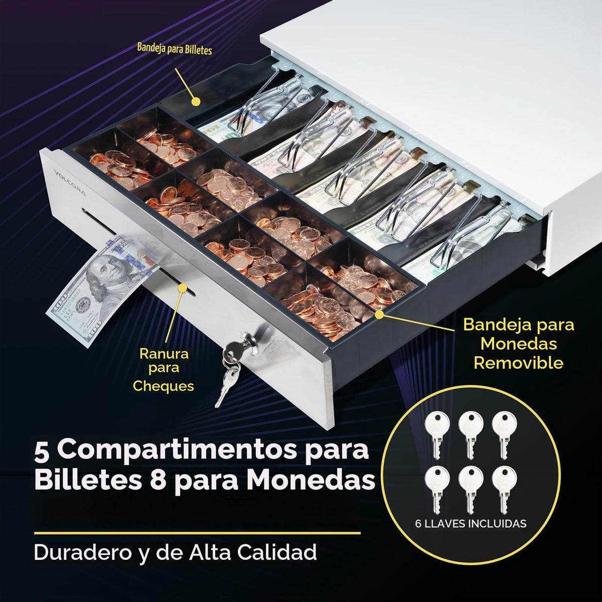 Cajón Registradora Volcora Blanco con Panel Táctil y Bandeja Extraíble, 5 Billetes, 8 Monedas