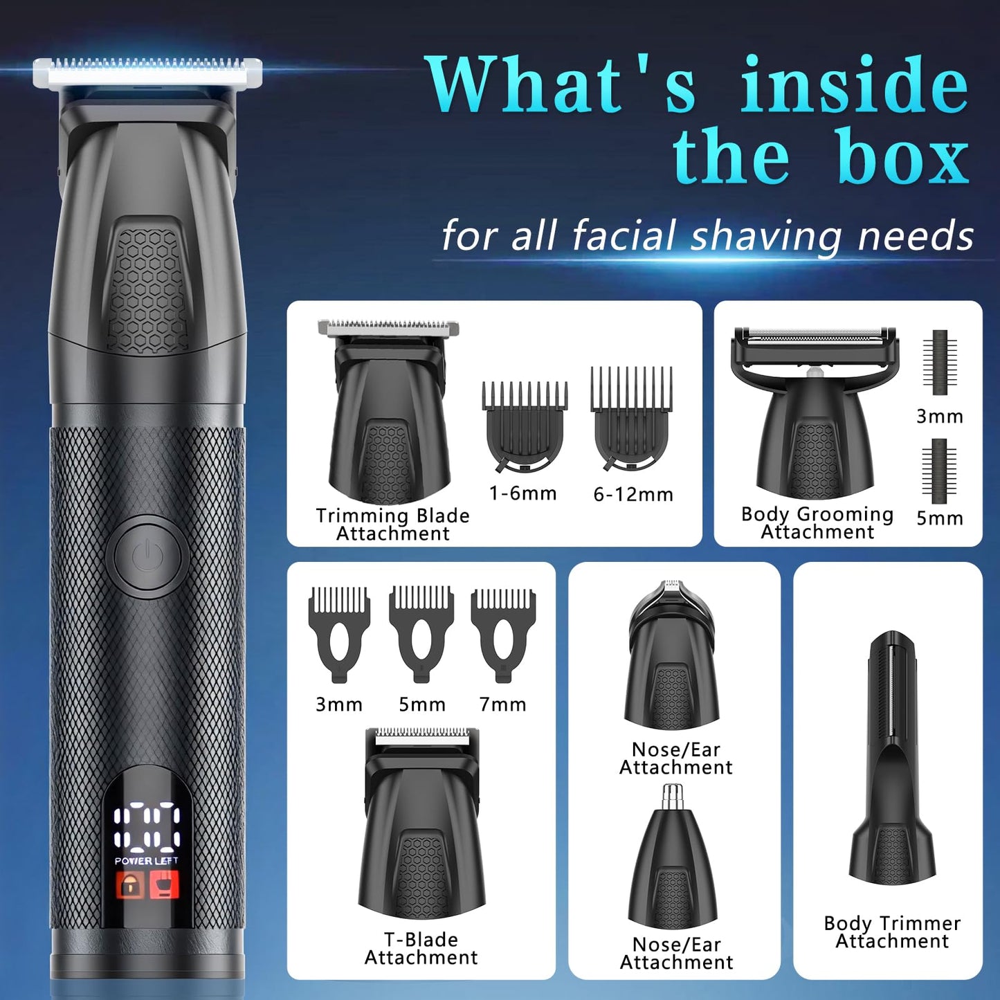 Bomxin - Cortadora de barba para hombres, maquinilla de afeitar eléctrica para nariz, cuerpo, cara y bigote, cortapelos 5 en 1