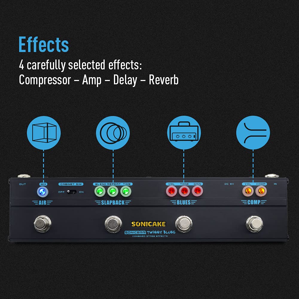 Pedal Multiefectos Sonicake Sonicbar Twiggy Blues Combinado Stage 4 en 1 guitarra eléctrica