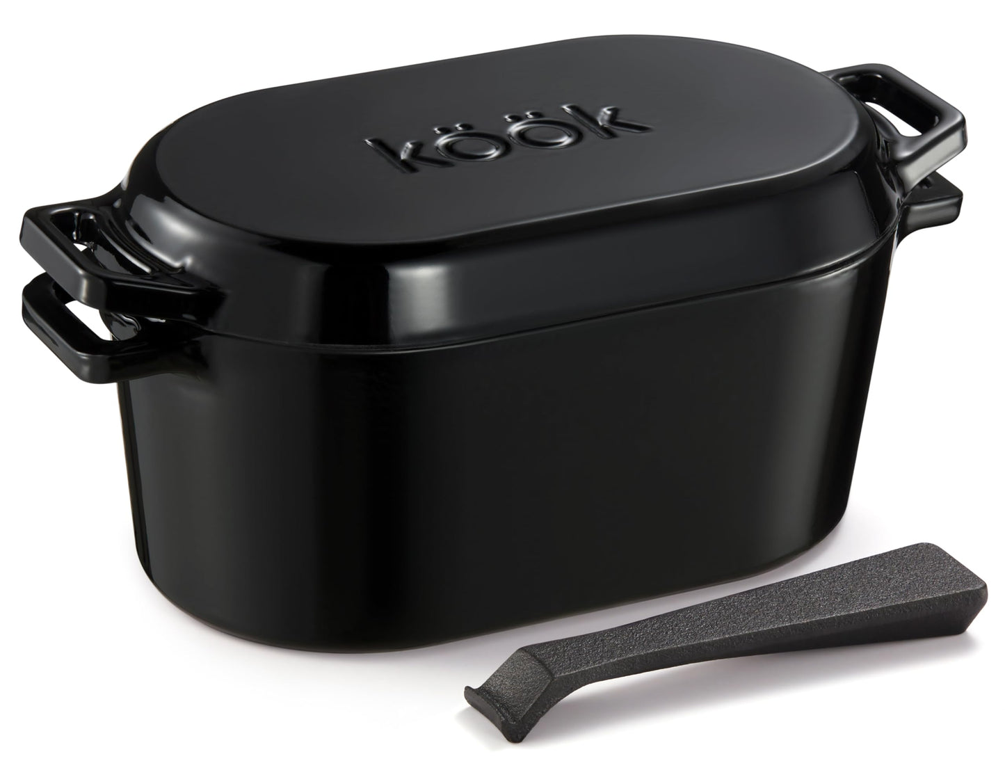 KooK - Horno holandés, para hornear pan, sartén de masa madre, con tapa, asas duales, hierro fundido esmaltado, incluye palanca de tapa, apto para lavaplatos, 3.4 cuartos de galón, negro