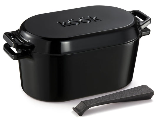 KooK - Horno holandés, para hornear pan, sartén de masa madre, con tapa, asas duales, hierro fundido esmaltado, incluye palanca de tapa, apto para lavaplatos, 3.4 cuartos de galón, negro