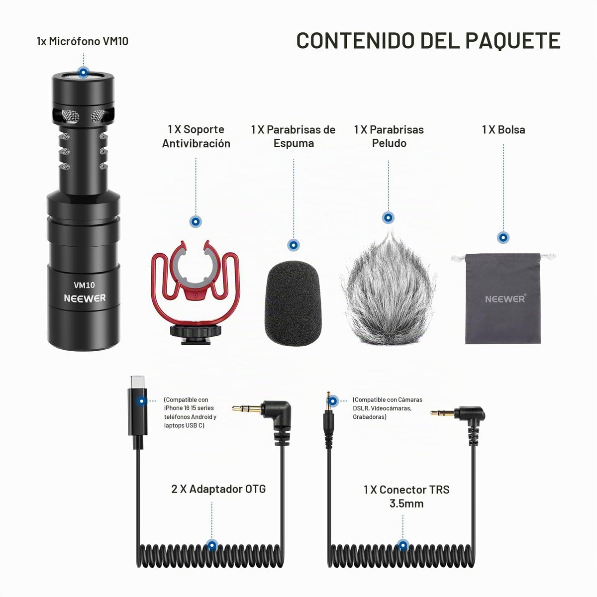 Micrófono Vlog NEEWER Mini Supercardioide con USB C y TRS en Negro para iPhone y Samsung