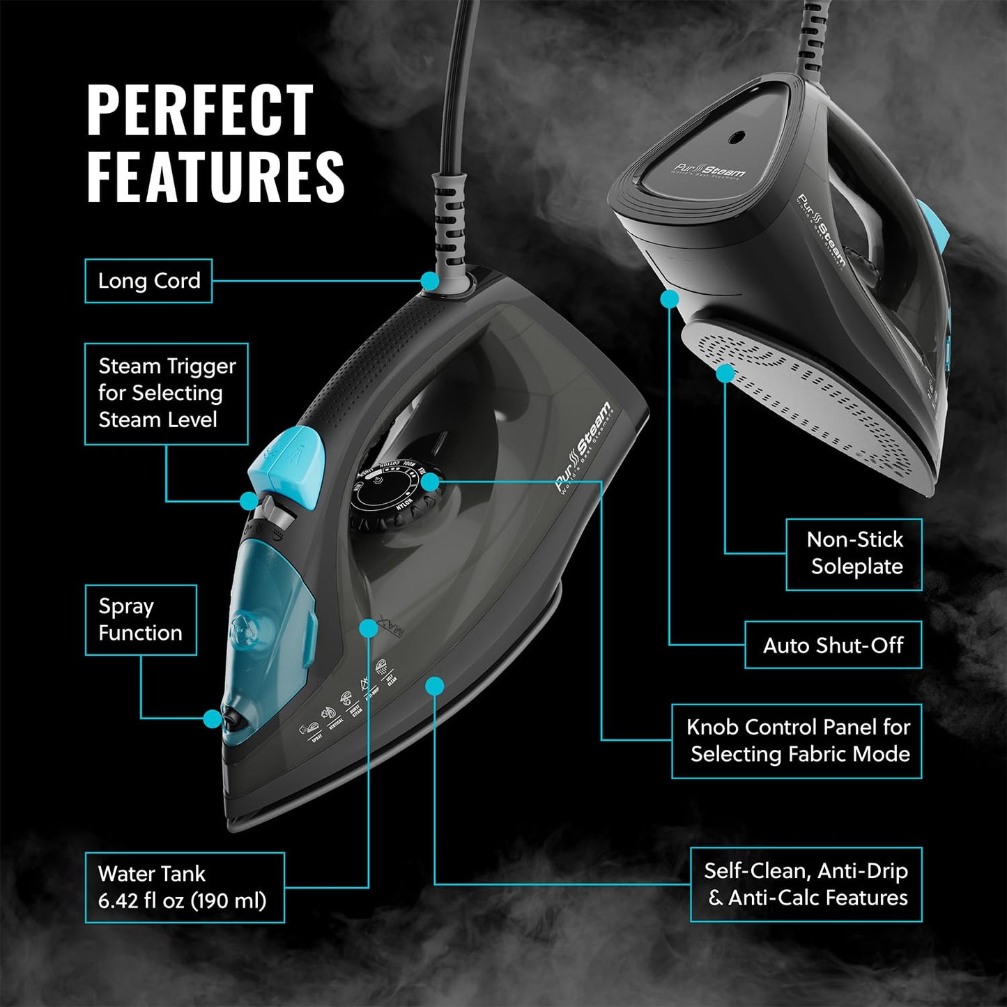 PurSteam Professional - Plancha de vapor de 1250 W, potente vaporizador con ráfaga de vapor y pulverización, suela antiadherente, fácil control de temperatura y apagado automático