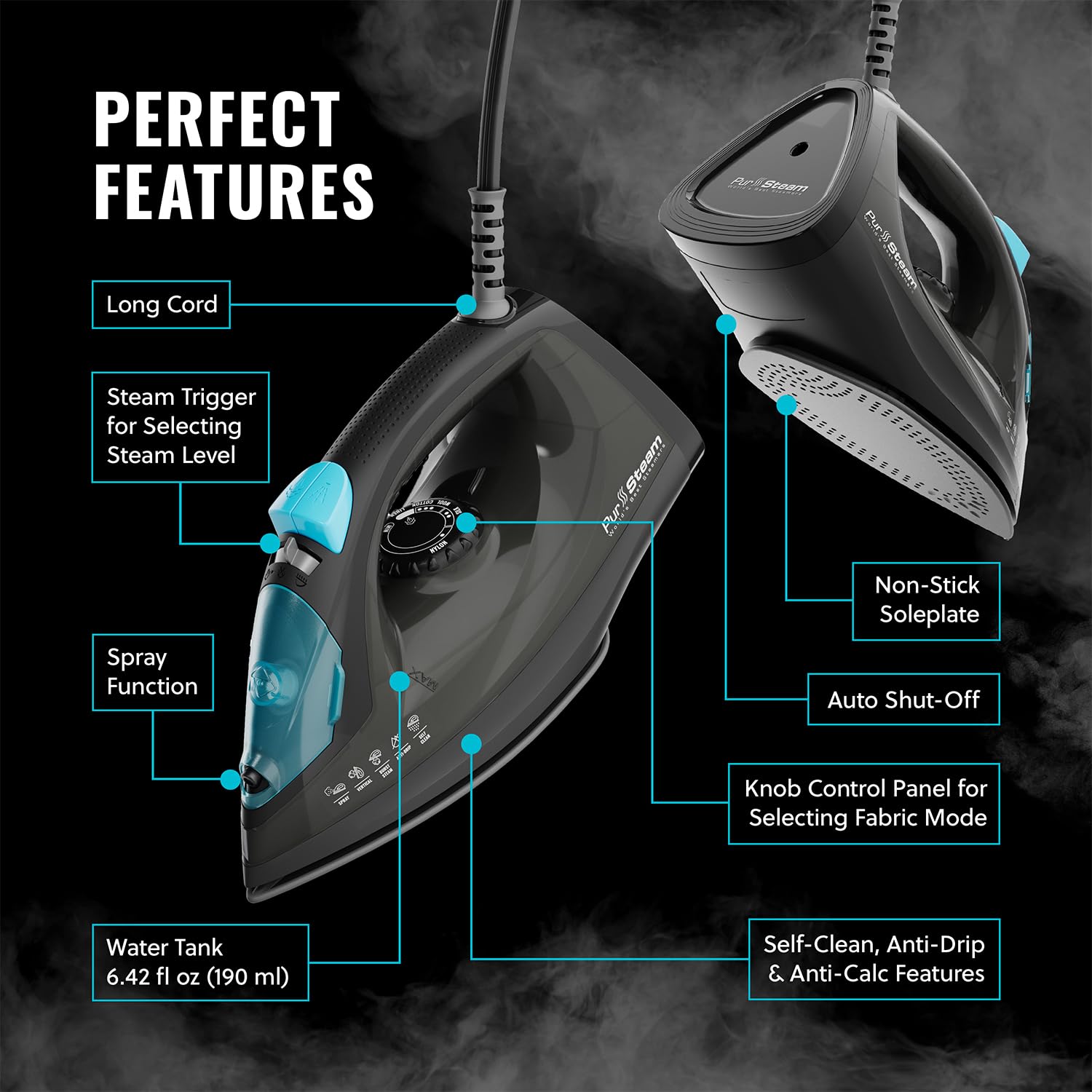 PurSteam Professional - Plancha de vapor de 1250 W, potente vaporizador con ráfaga de vapor y pulverización, suela antiadherente, fácil control de temperatura y apagado automático