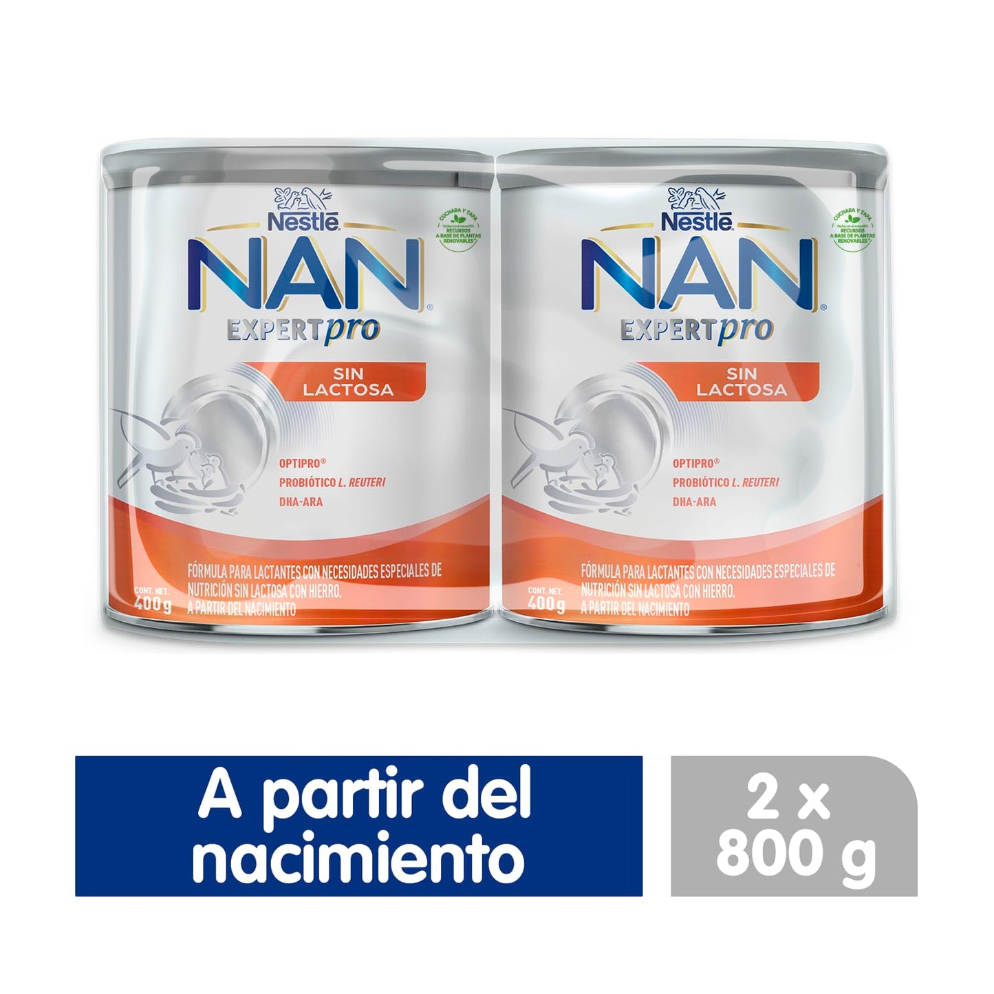 NAN Sin Lactosa, Fórmula Para Lactantes, A Partir Del Nacimiento, Sin Lactosa, Con Hierro, Pack de 2 Latas de 400 g c/u