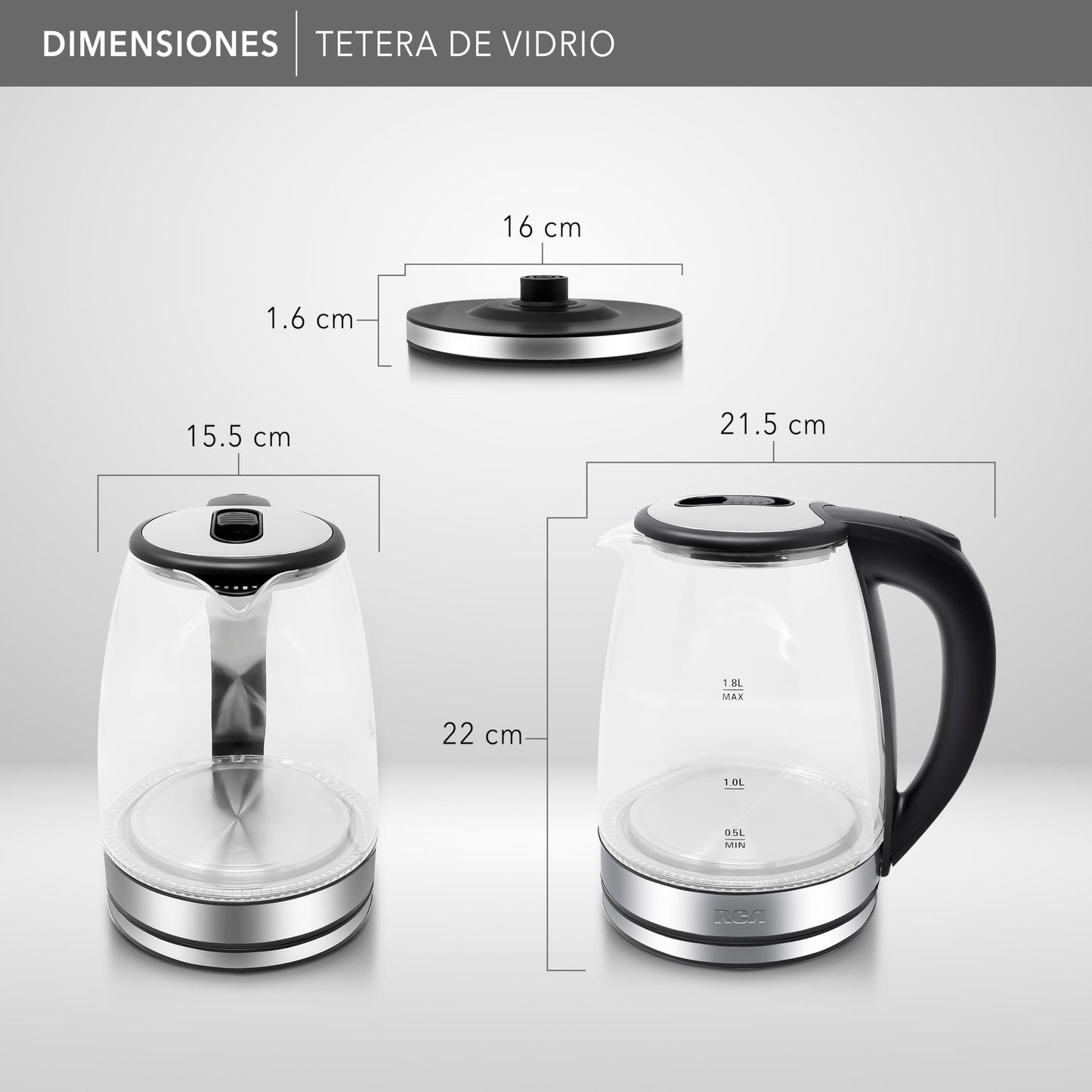 Tetera Eléctrica RCA Vidrio LED 1.8L con Apagado Automático y Protecciones.