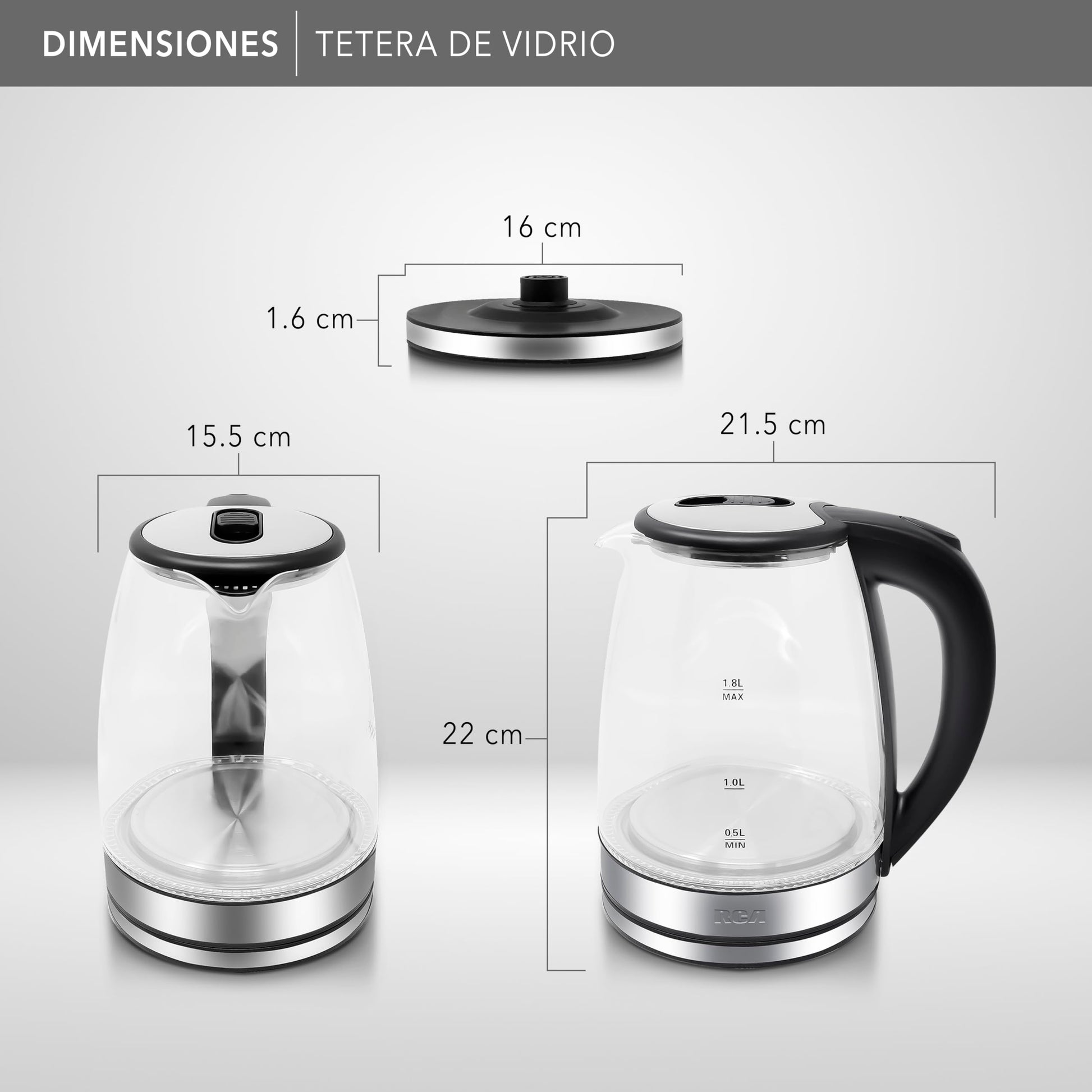 Tetera Eléctrica RCA Vidrio LED 1.8L con Apagado Automático y Protecciones.