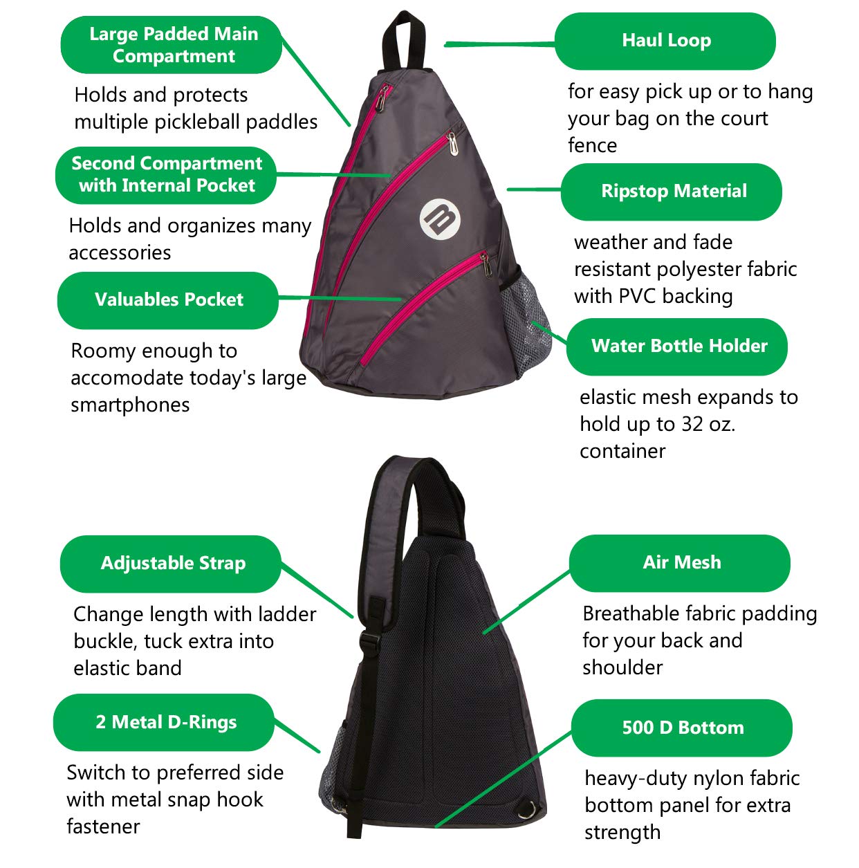 BESTA - Bolsa de pickleball de primera calidad. Bolsa acolchada con 3 compartimentos, soporte para botella de agua y correa ajustable que cambia de lado. Capacidad para varias palas, bolas y más