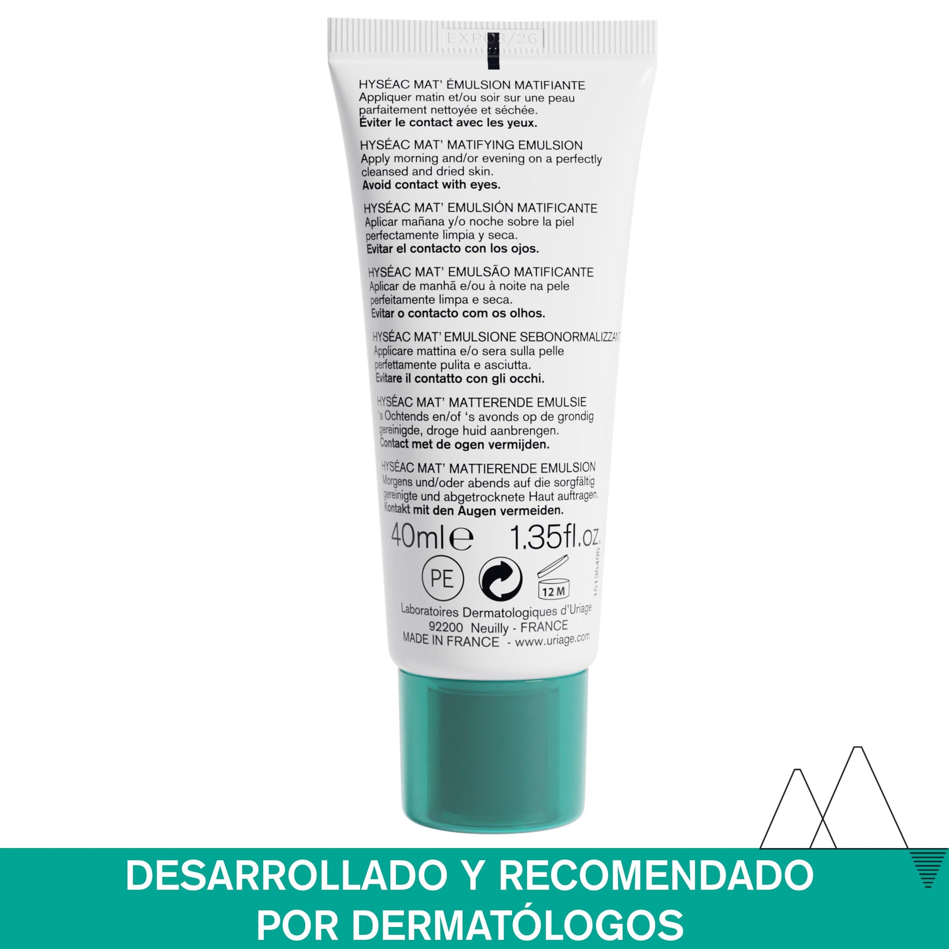 Uriage Hyseac Crema Facial Emulsión Matificante - Emulsión fluida-ligera, con efecto mate-aterciopelado - Para pieles mixtas a grasas - Controla los brillos, disminuye la apariencia de los poros y proporciona una hidratación duradera - No Comedogénico