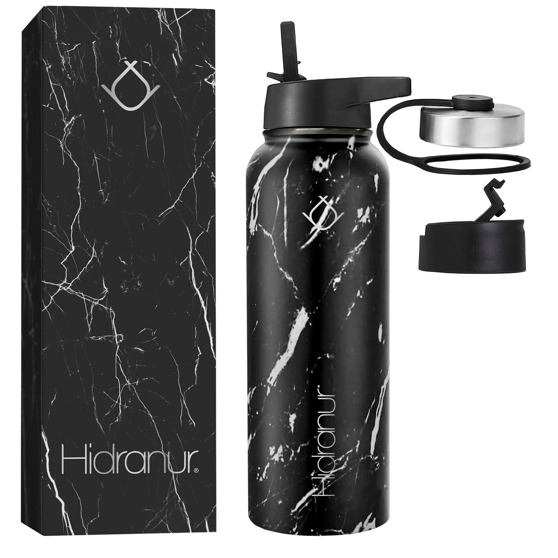 Hidranur Termo de Acero Inoxidable Doble Aislamiento Térmico, Termo Para Café 40 oz (1182.94 ml), 3 Tapas Herméticas, 2 Popotes, 24 Hrs de Agua Caliente y Fría (Negro Mármol, 40 Oz (1182.94 ml))
