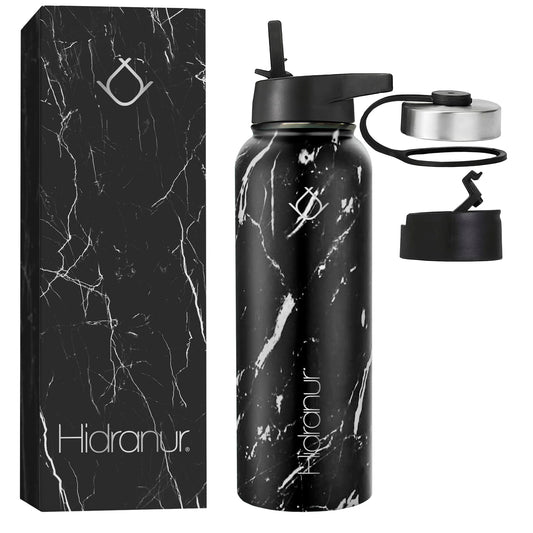 Hidranur Termo de Acero Inoxidable Doble Aislamiento Térmico, Termo Para Café 40 oz (1182.94 ml), 3 Tapas Herméticas, 2 Popotes, 24 Hrs de Agua Caliente y Fría (Negro Mármol, 40 Oz (1182.94 ml))