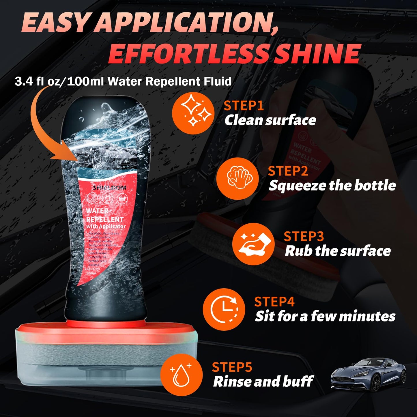 Líquido Hidrofóbico Shieldom Transparente con Aplicador de Fieltro para Ducha de Vidrio y Parabrisas