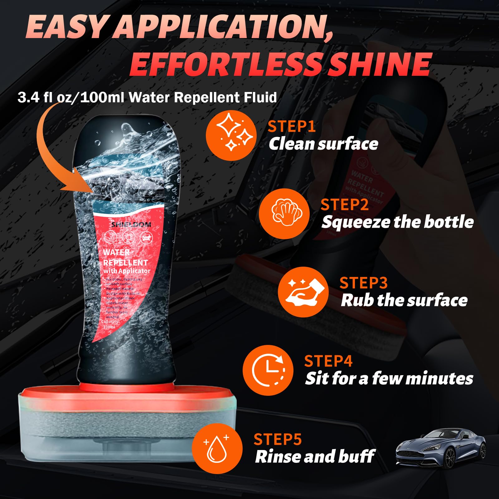 Líquido Hidrofóbico Shieldom Transparente con Aplicador de Fieltro para Ducha de Vidrio y Parabrisas