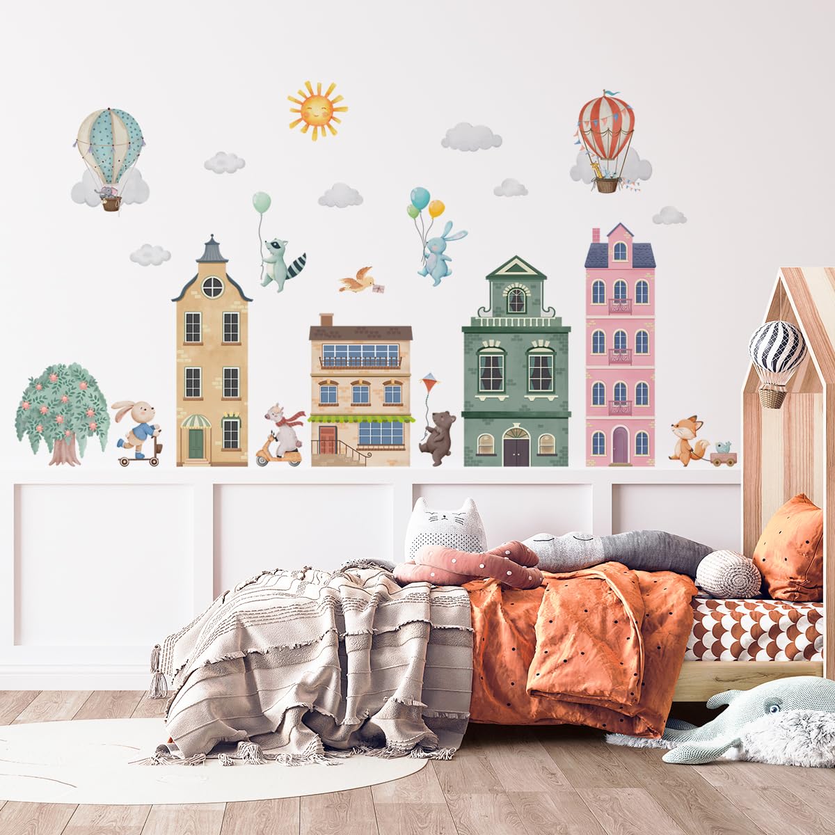 Calcomanías de pared con globos de aire caliente de acuarela, construcción de ciudad, globos de aire caliente, calcomanías de pared, decoración de animales, para recámara, sala de juegos, habitación