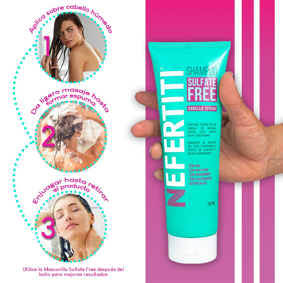 Kit Cabello Teñido Shampoo sin Parabenos + Mascarilla Sulfate Free de Nefertiti con Aceite de Argán, y Macadamia, Prolonga la Duración del Tinte, Alaciado y Permanente.