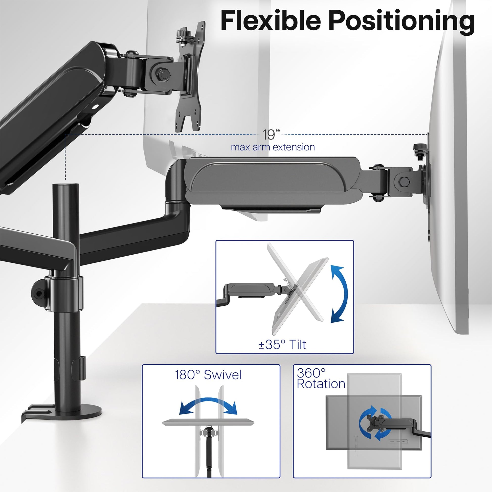 Soporte de Brazo para Monitor Dual VIVO Negro Ajuste Neumático Altura y Movilidad Completa para Hombre