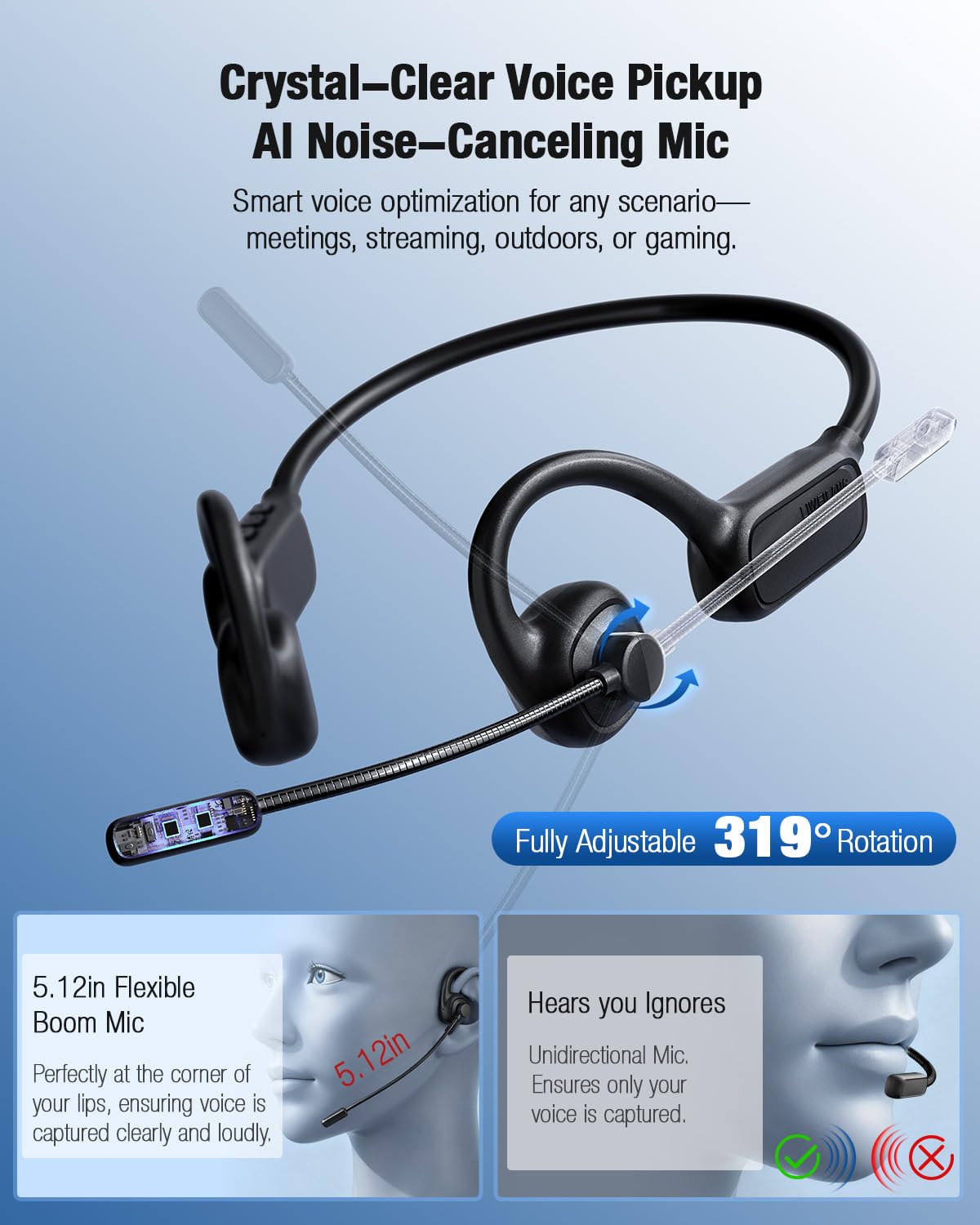 Auriculares Bluetooth QOEKUEY Negro Diseño Deportivo con Micrófono y Sonido Premium
