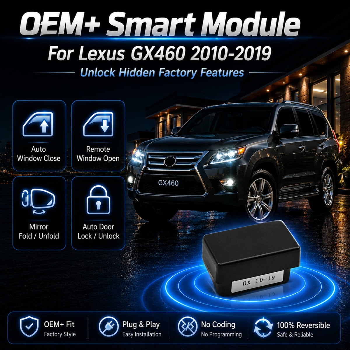 Kit OBD Lexus GX460 2010-2019 Negro Módulo Inteligente 3 en 1 para Control de Ventanas y Espejo Plegable Automático