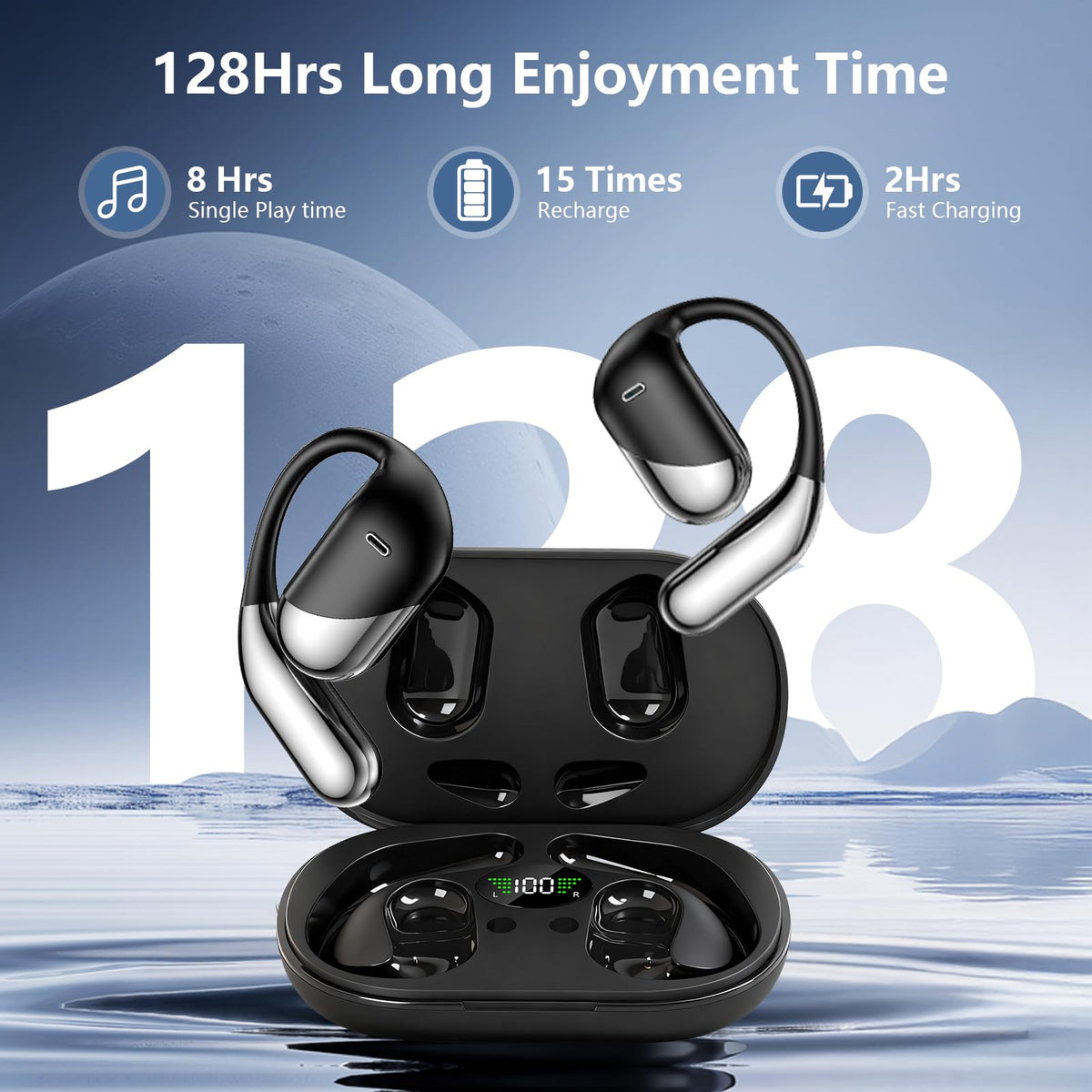 Auriculares Inalámbricos de Conducción Ósea con Ganchos Negros y Funda de Carga LED