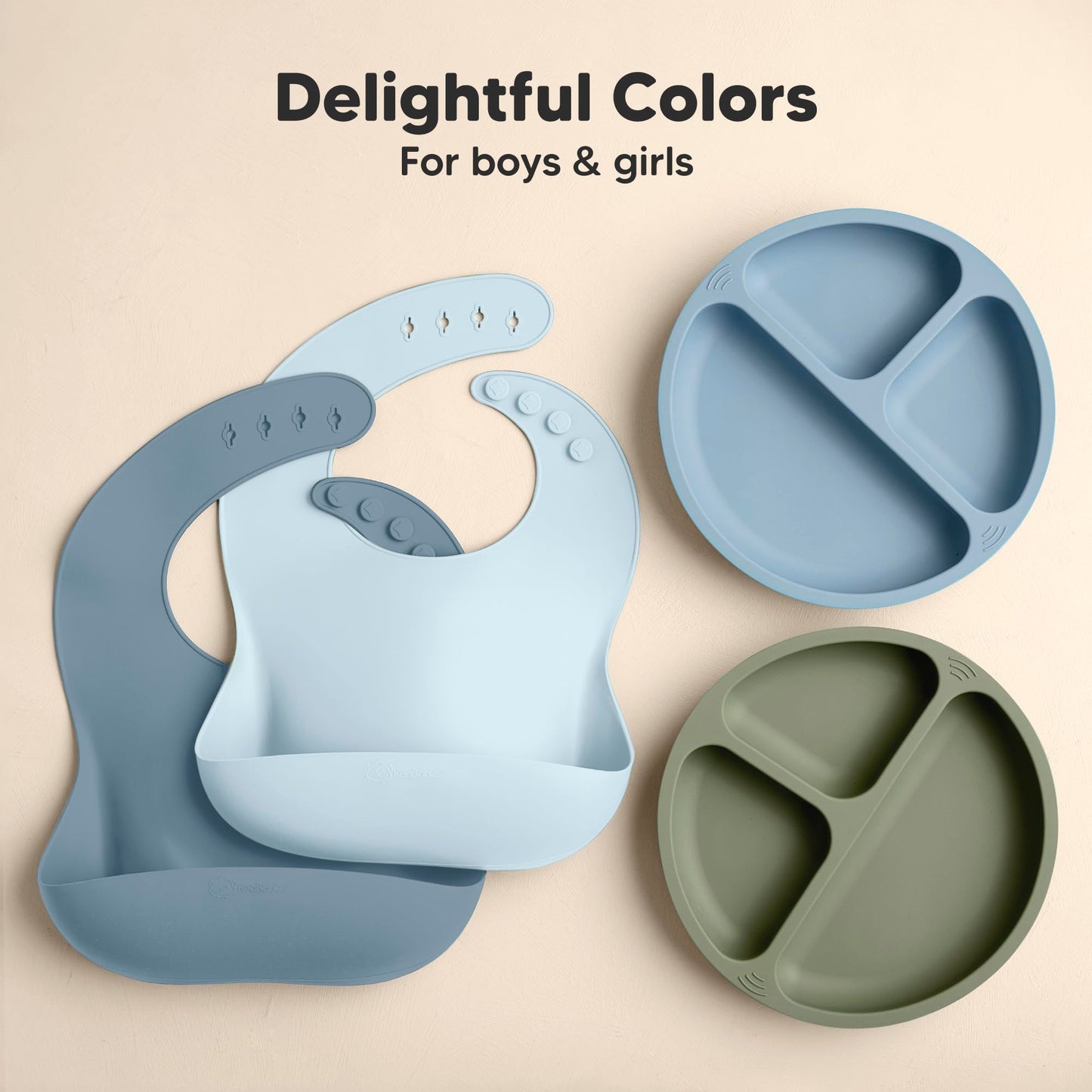KeaBabies - Paquete de 2 baberos de silicona de grado alimenticio resistentes para bebés, niñas, niños, gran colector de alimentos, limpiar y poner fácilmente, esenciales de alimentación para niños