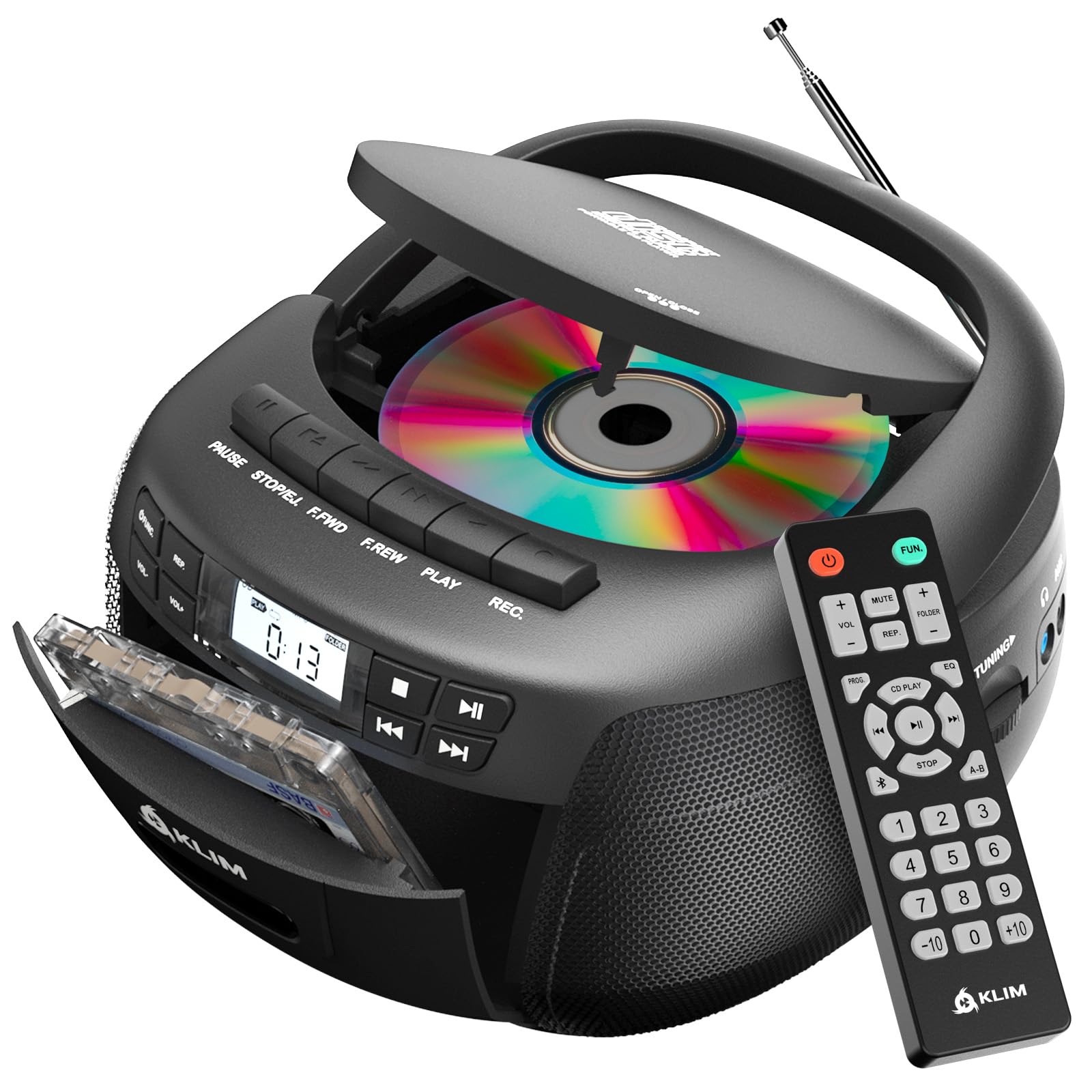 KLIM CD + reproductor de cinta de cassette, Bluetooth CD Boombox, radio AM/FM, sonido estéreo, control remoto, reproductor de CD y cassette, grabación de cinta, unidad USB, AUX