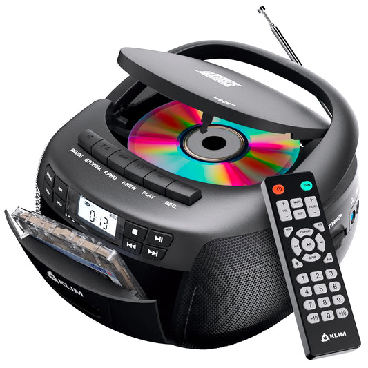KLIM CD + reproductor de cinta de cassette, Bluetooth CD Boombox, radio AM/FM, sonido estéreo, control remoto, reproductor de CD y cassette, grabación de cinta, unidad USB, AUX