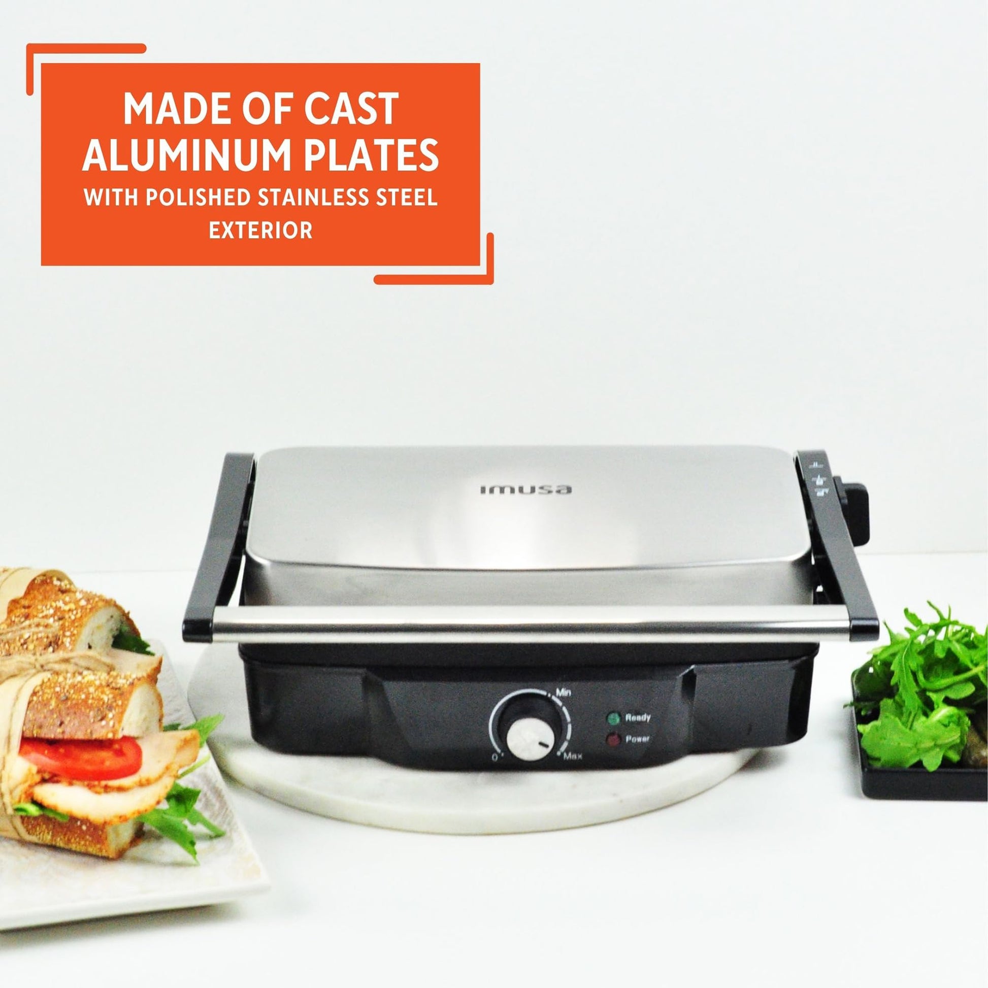 IMUSA - Prensa eléctrica Panini de acero inoxidable con ajustes de temperatura ajustables y placas antiadherentes, 1200 W