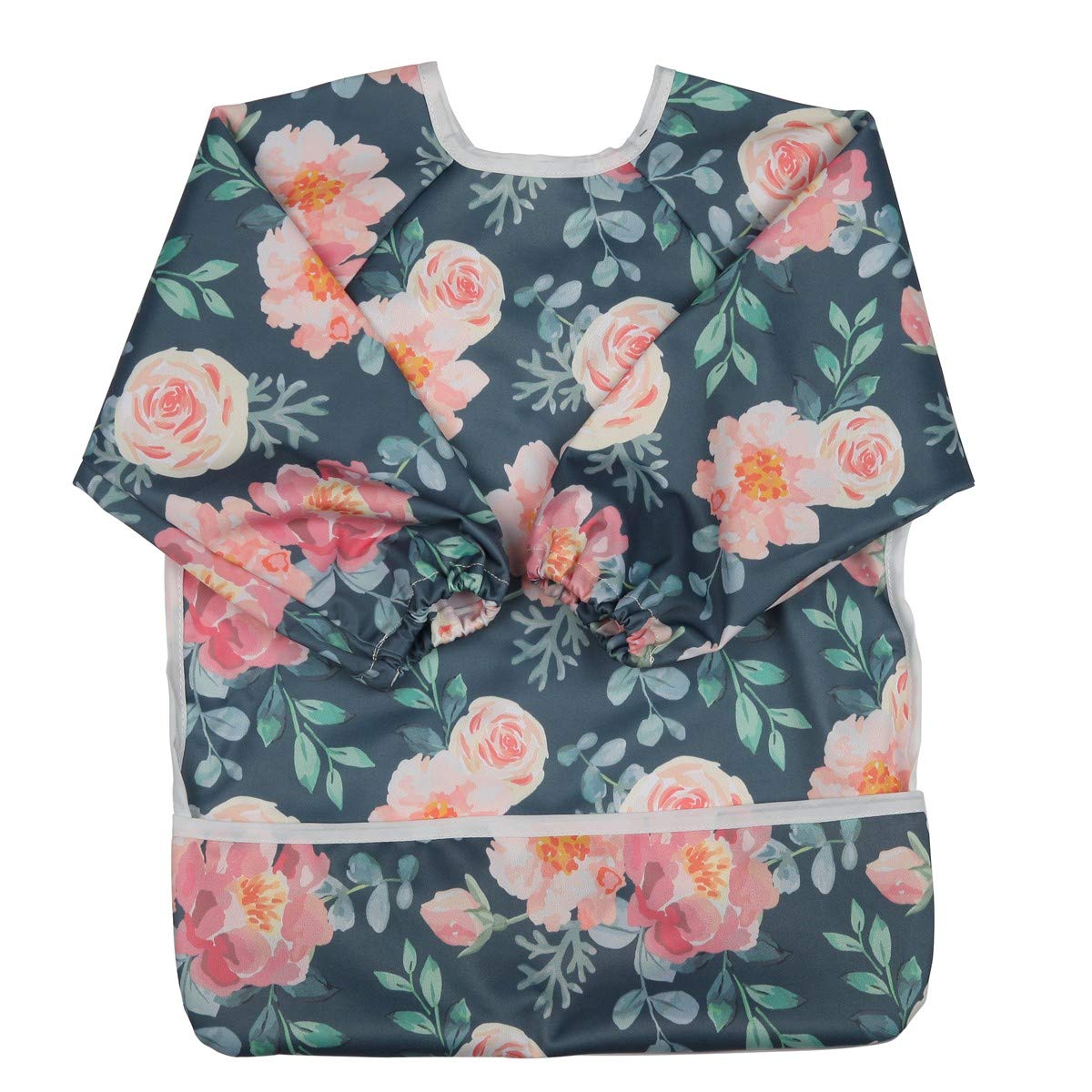 Sigzagor Baby Bib Sleeved Shirt With Pocket 1-3 years old Toddler Painting Drawing (Floral), 15.3inx12.6in