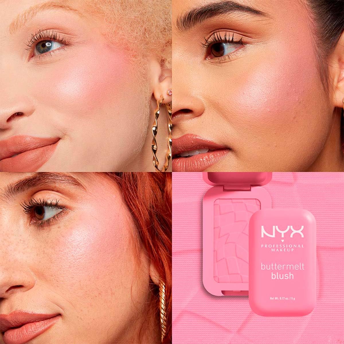 NYX Professional Makeup, Buttermelt Blush, Tono: Butta Together (rosa claro). Rubor cremoso en polvo infusionado con manteca de karité, mango y almendras, hasta 12hrs de uso, no se desvanece, resistente a transferencias. Fórmula vegana.