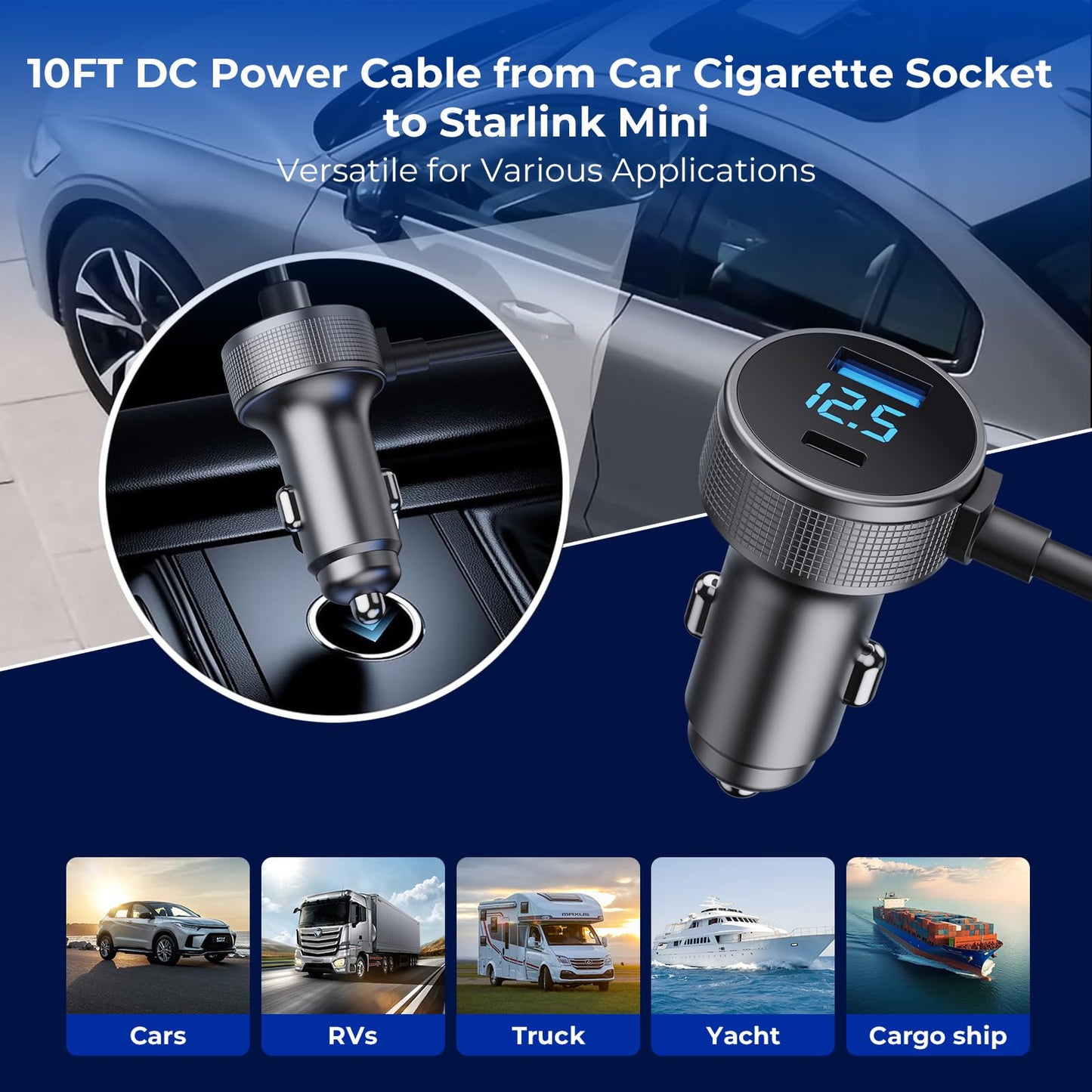 Starlink Mini Cable 3 en 1 Starlink Mini cargador de coche Cable de alimentación CC + adaptador de encendedor de cigarrillos de 12 V-48 V con visualización digital, USB C PD duradero de 40 W y puertos