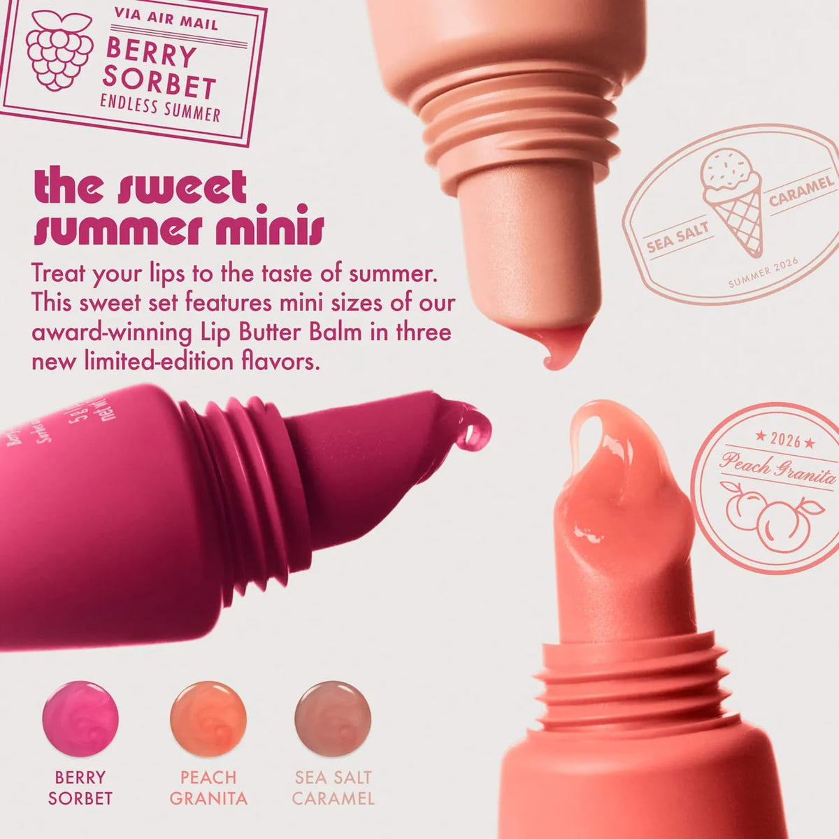 Summer Fridays Sweet Summer Minis, Bálsamo Labial Lip Butter Balm, Berry Sorbet, Peach Granita y Sea Salt Caramel, Edición Limitada, 3 Piezas