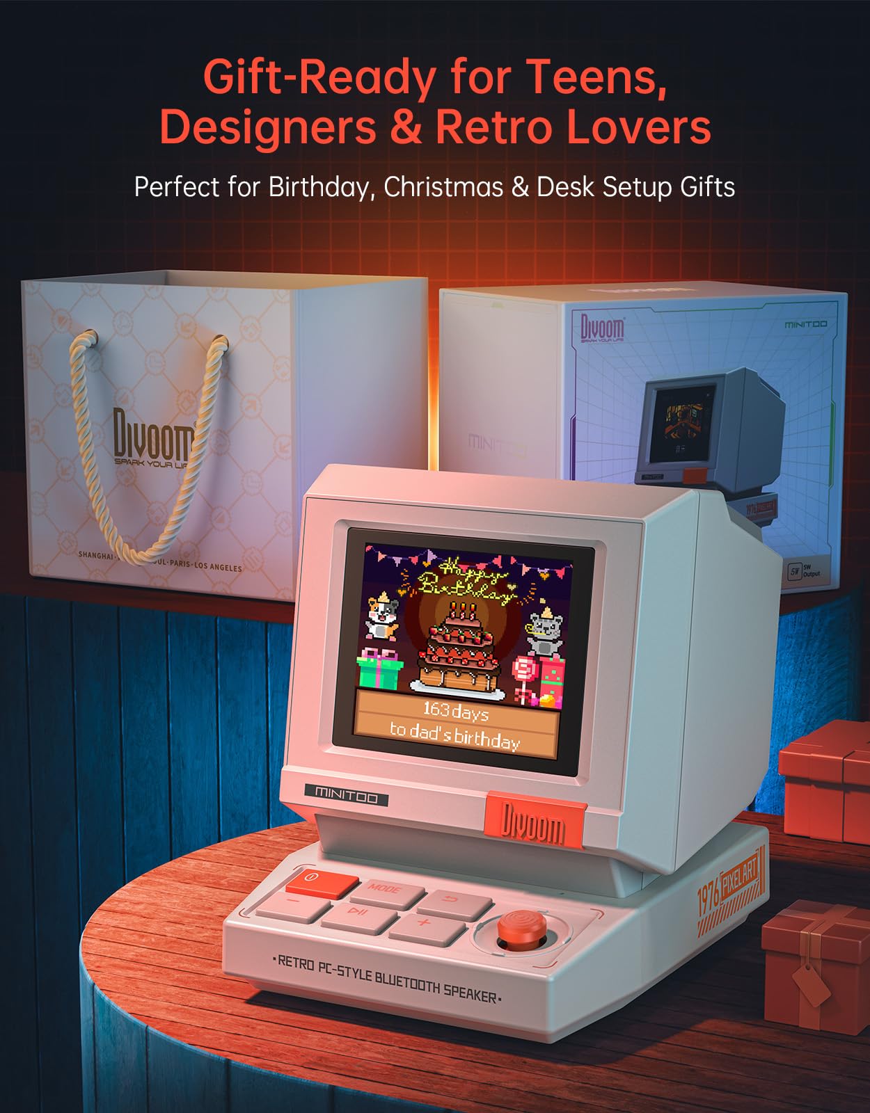 Divoom MiniToo - Altavoz Bluetooth retro Pixel – Diseño de PC inspirado en los años 90, control de aplicaciones, alarma, ruido blanco, altavoz de computadora retro para música, decoración de